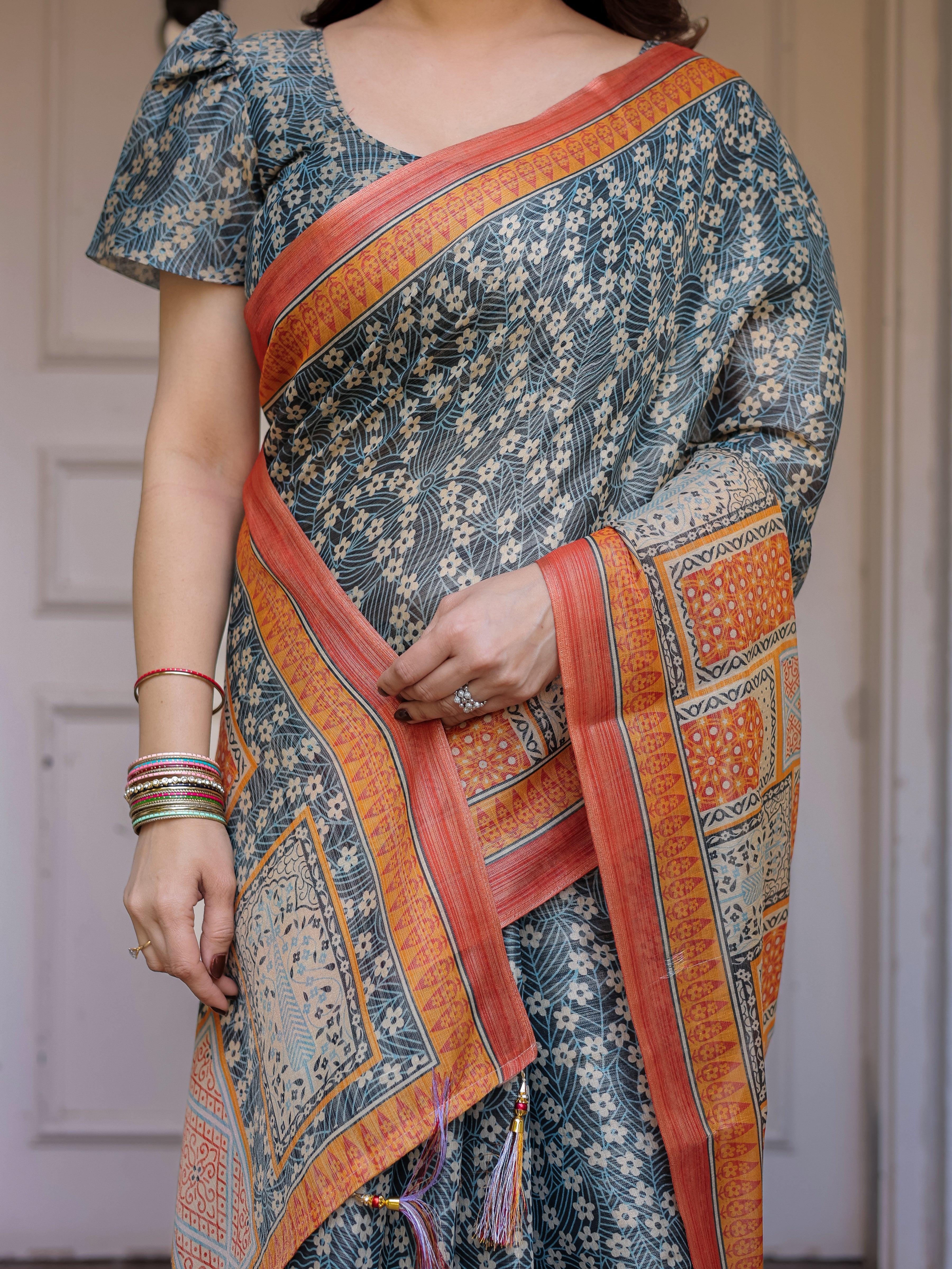 Steel Grey & Rust Orange Heritage Panel Printed Handloom Cotton Saree with Ornamental Border & Tassels – Traditional Ethnic Wear