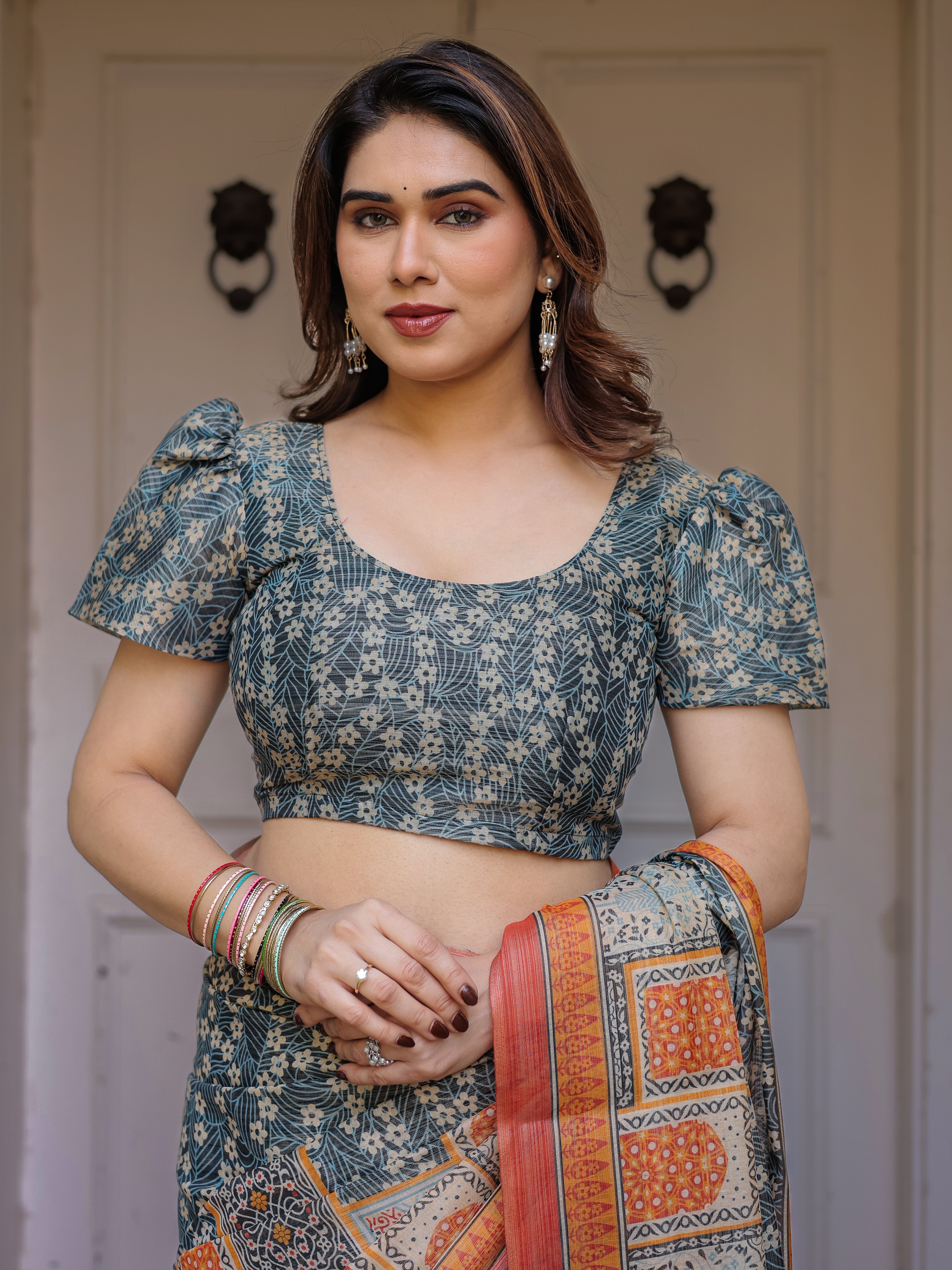 Steel Grey & Rust Orange Heritage Panel Printed Handloom Cotton Saree with Ornamental Border & Tassels – Traditional Ethnic Wear