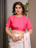 Ivory White Satin Georgette Floral Printed Saree with Pink Blouse – Soft Blossom Designer Drape