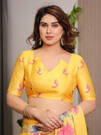 Mustard Yellow Satin Georgette Floral Printed Saree with Attached Blouse – Vibrant Garden Bloom Designer Drape