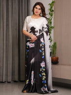 Ivory White & Black Satin Georgette Floral Printed Saree with Attached Blouse – Elegant Contrast Bloom Designer Drape