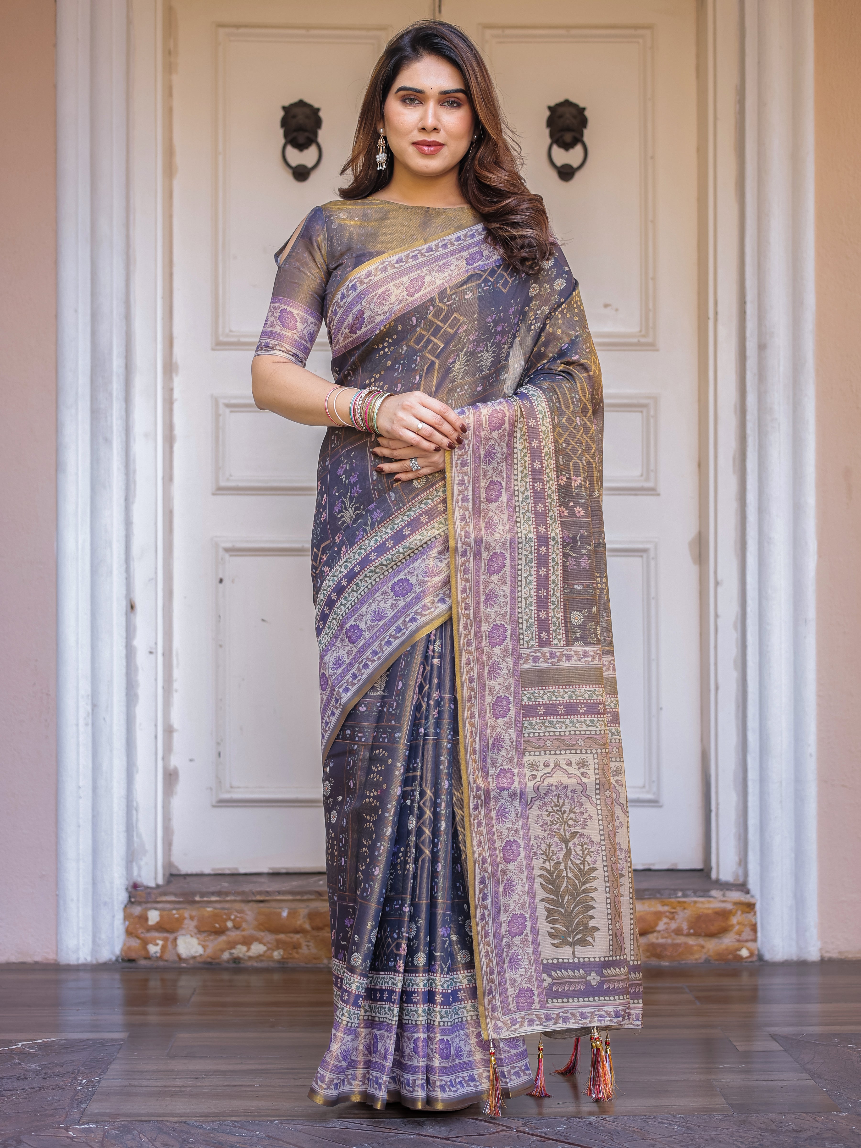 Smoky Grey & Lavender Floral Panel Printed Handloom Cotton Saree with Heritage Border & Tassels – Elegant Traditional Wear