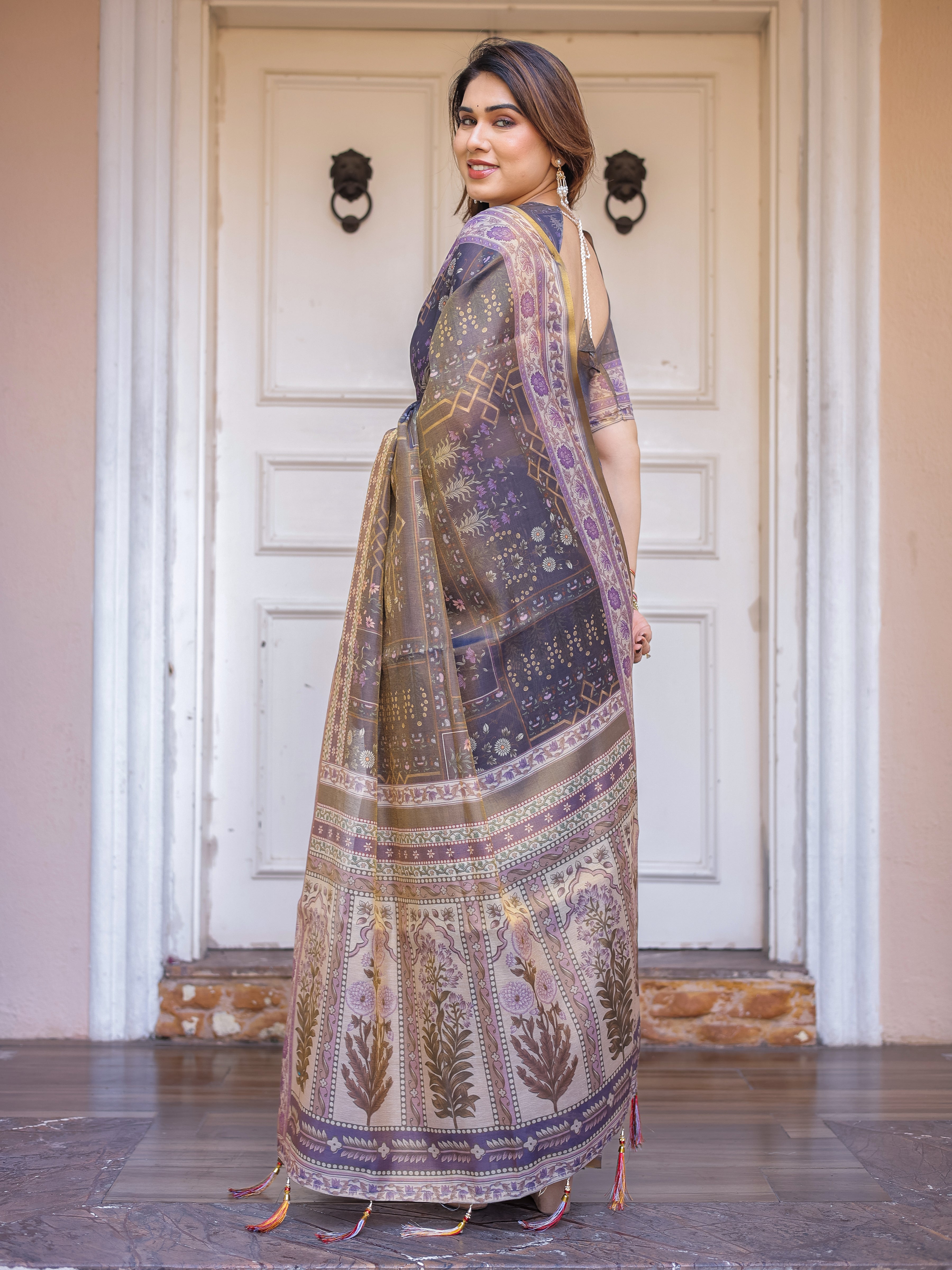 Smoky Grey & Lavender Floral Panel Printed Handloom Cotton Saree with Heritage Border & Tassels – Elegant Traditional Wear