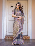 Smoky Grey & Lavender Floral Panel Printed Handloom Cotton Saree with Heritage Border & Tassels – Elegant Traditional Wear