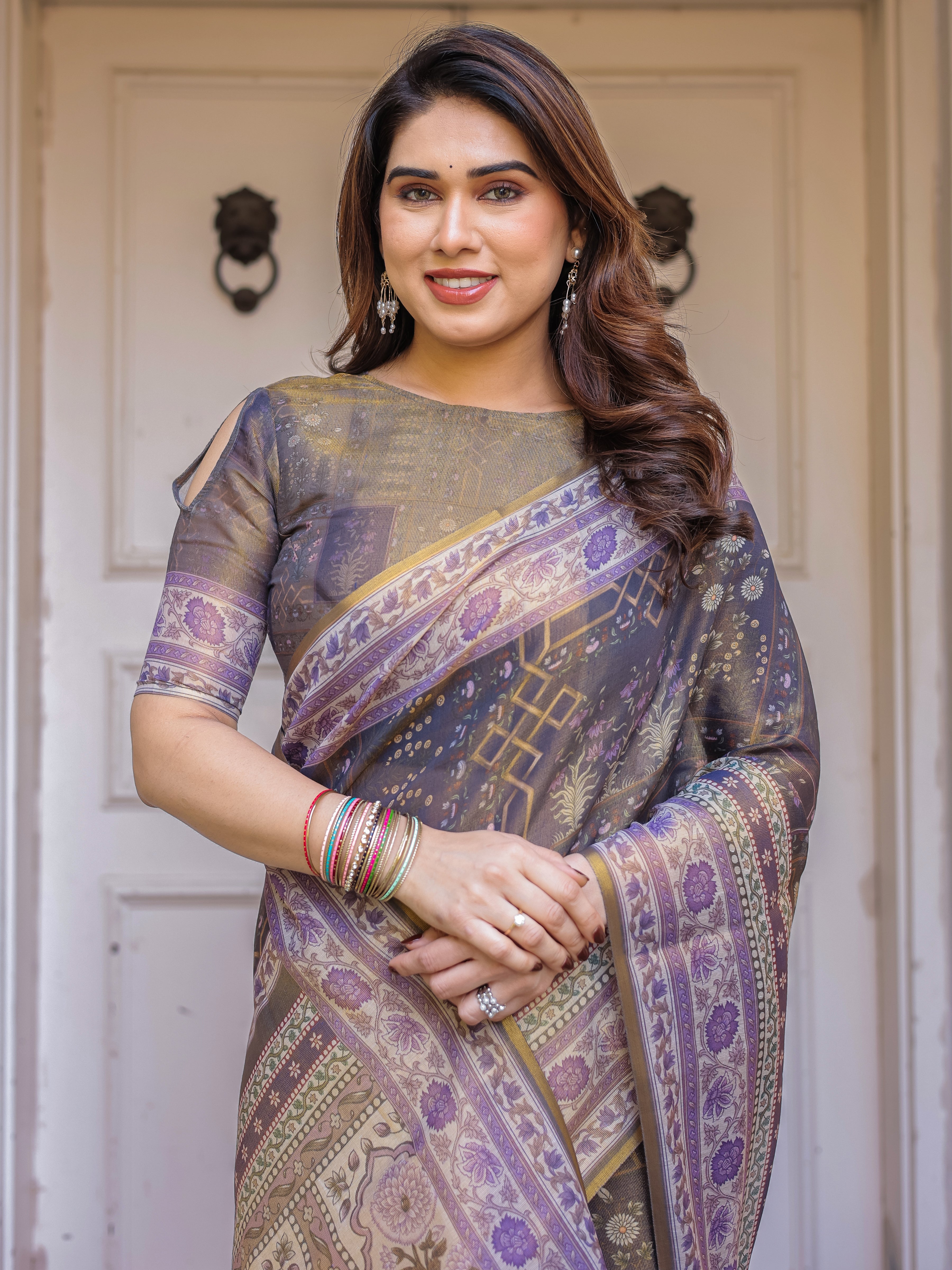 Smoky Grey & Lavender Floral Panel Printed Handloom Cotton Saree with Heritage Border & Tassels – Elegant Traditional Wear