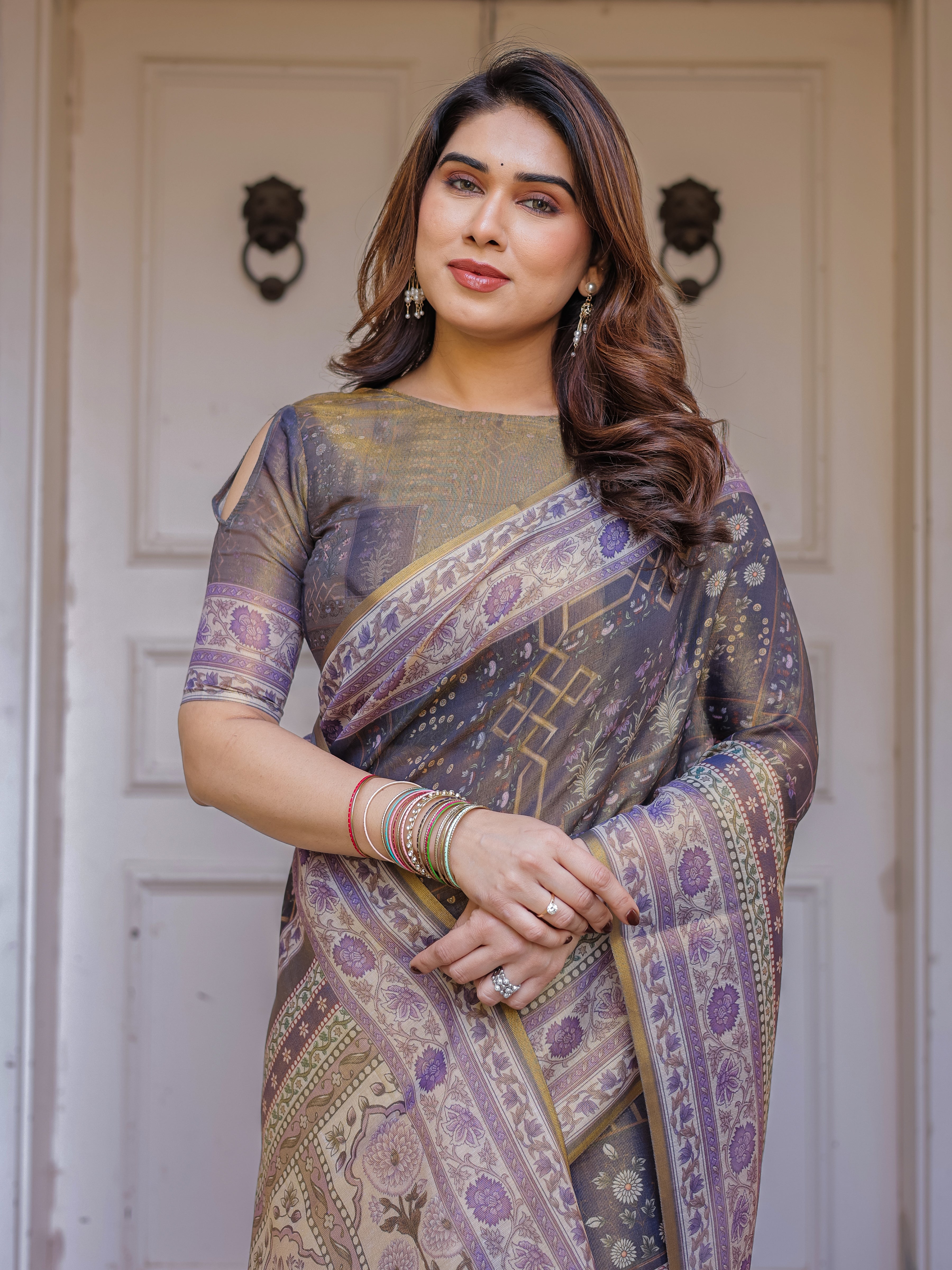 Smoky Grey & Lavender Floral Panel Printed Handloom Cotton Saree with Heritage Border & Tassels – Elegant Traditional Wear