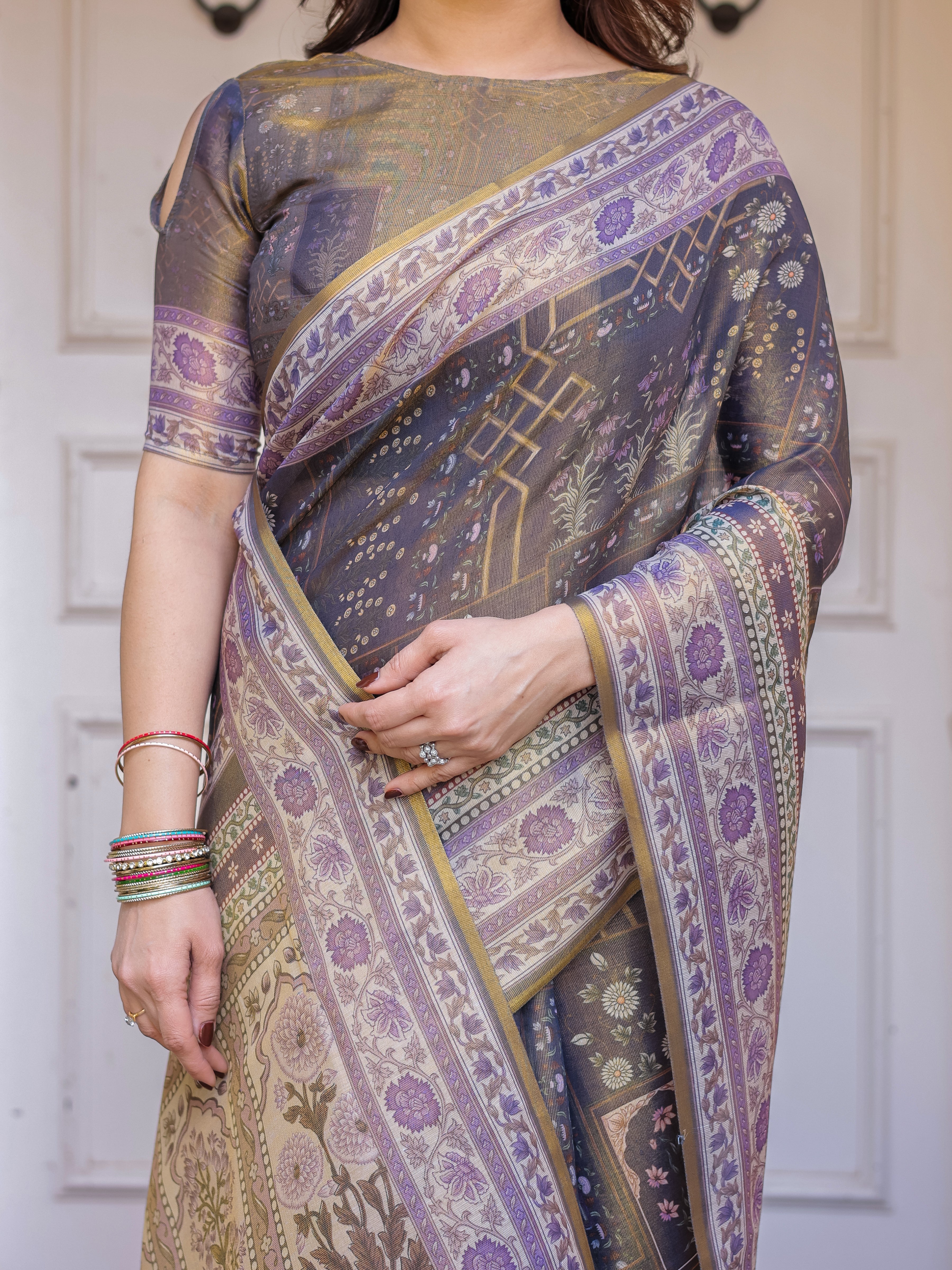 Smoky Grey & Lavender Floral Panel Printed Handloom Cotton Saree with Heritage Border & Tassels – Elegant Traditional Wear