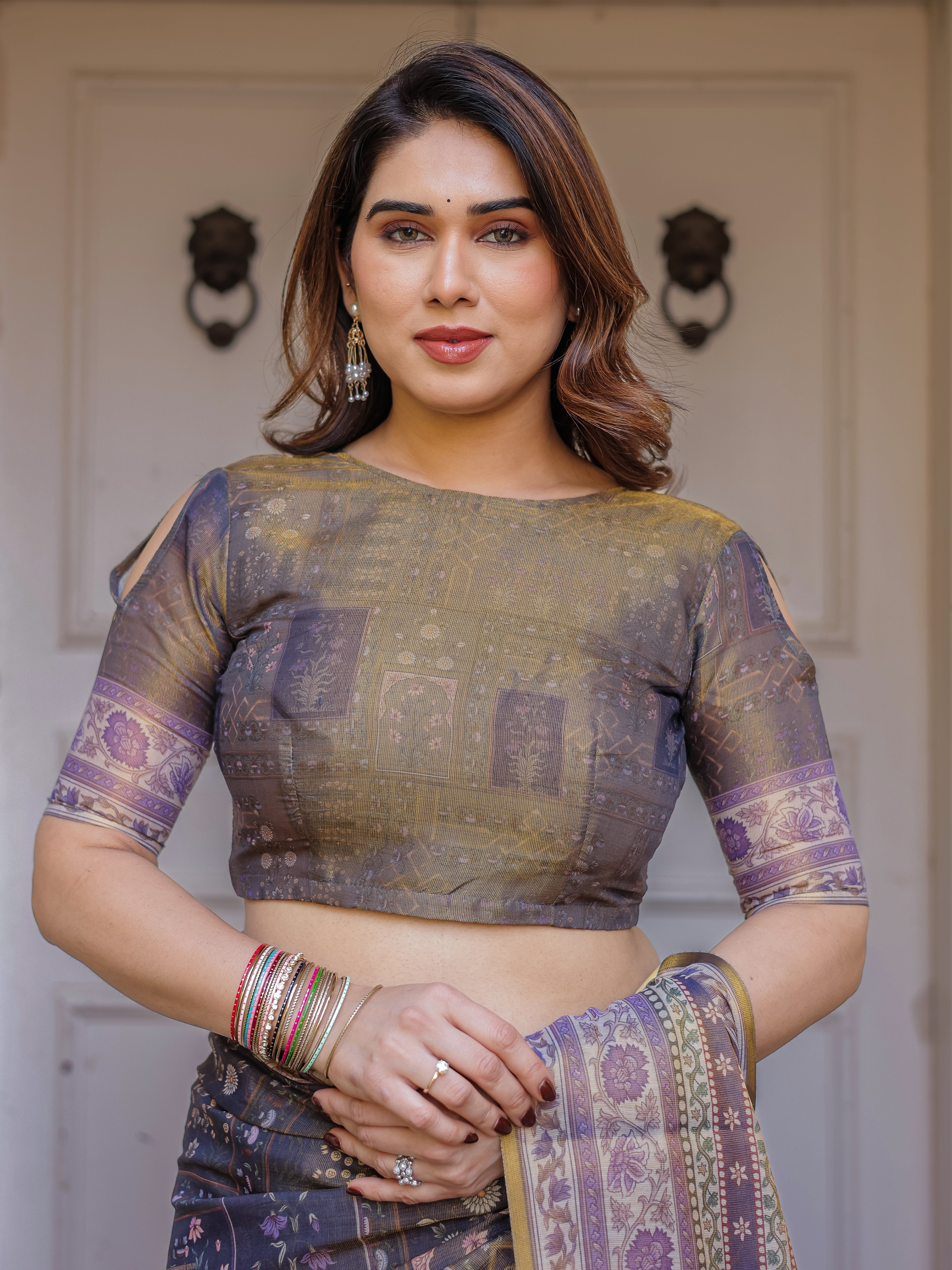 Smoky Grey & Lavender Floral Panel Printed Handloom Cotton Saree with Heritage Border & Tassels – Elegant Traditional Wear