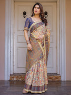 Cream & Navy Blue Floral Paisley Printed Handloom Cotton Saree with Heritage Border & Tassels – Festive Ethnic Wear