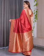 Rust Red Pure Kanjivaram Silk Saree with Intricate Floral Golden Zari Border & Blouse – 5.5m Saree + 0.8m Blouse Piece