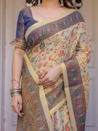 Cream & Navy Blue Floral Paisley Printed Handloom Cotton Saree with Heritage Border & Tassels – Festive Ethnic Wear