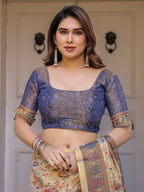 Cream & Navy Blue Floral Paisley Printed Handloom Cotton Saree with Heritage Border & Tassels – Festive Ethnic Wear