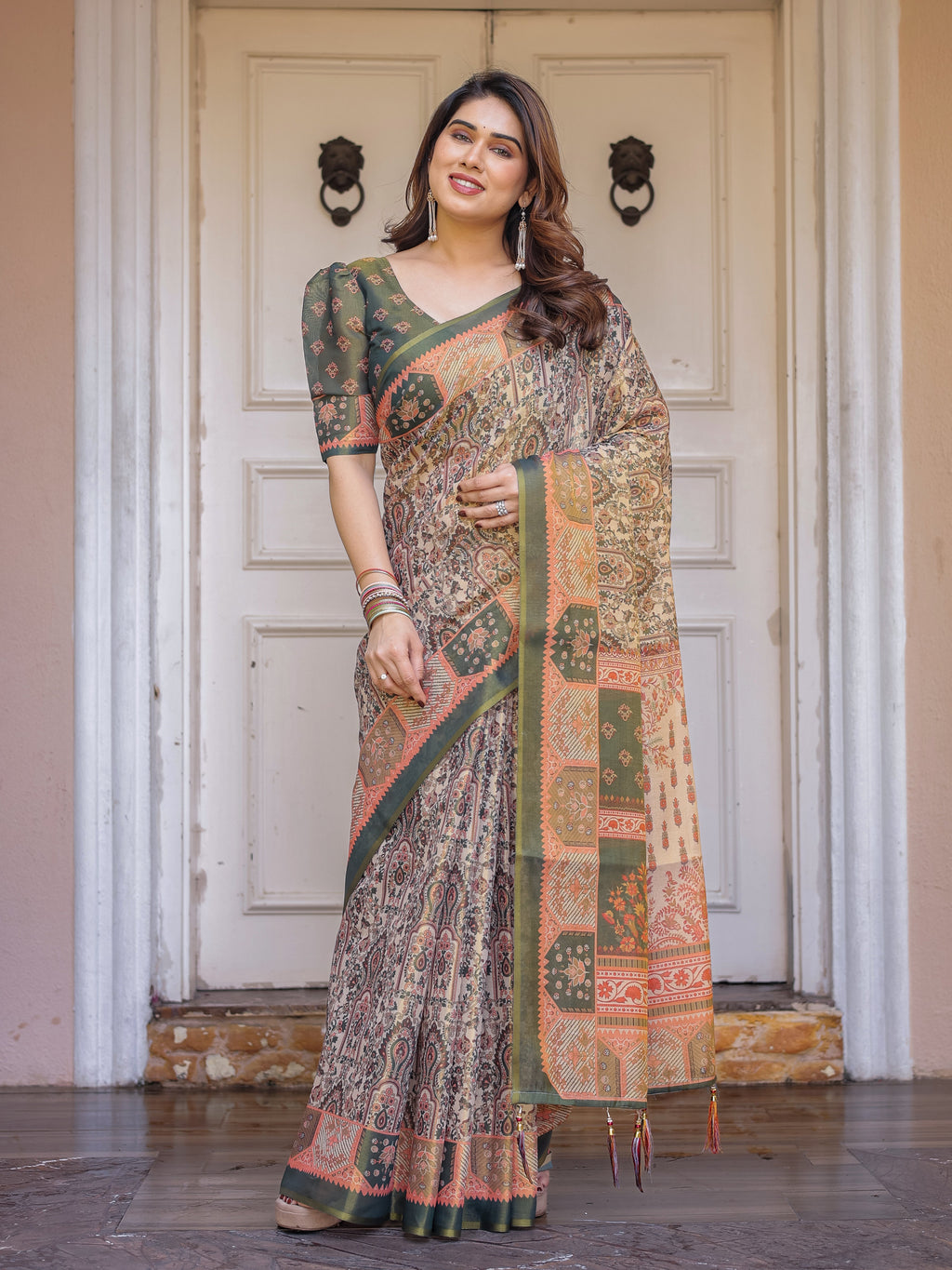 Beige & Olive Green Paisley Panel Printed Handloom Cotton Saree with Heritage Border & Tassels – Traditional Festive Wear