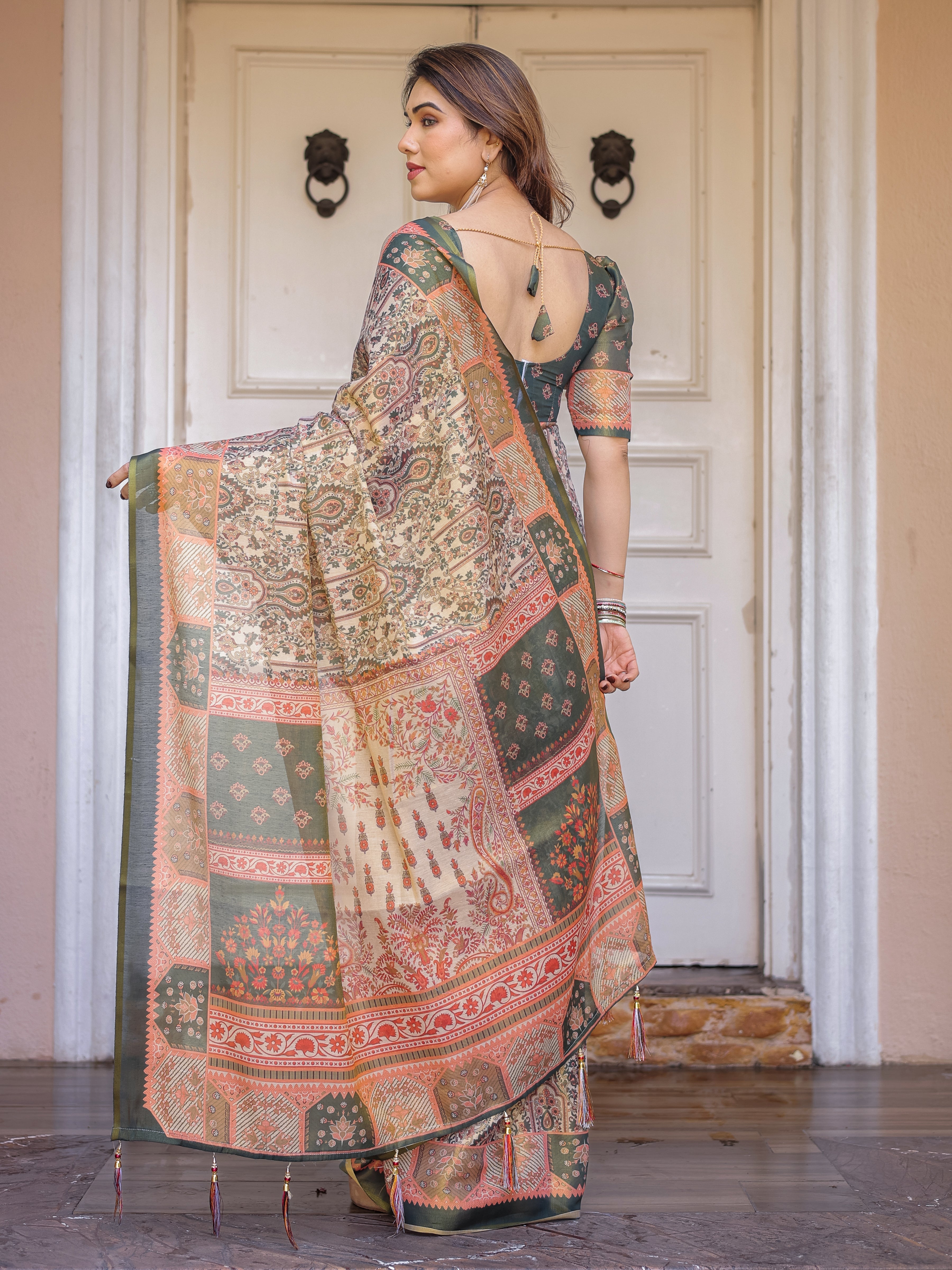 Beige & Olive Green Paisley Panel Printed Handloom Cotton Saree with Heritage Border & Tassels – Traditional Festive Wear