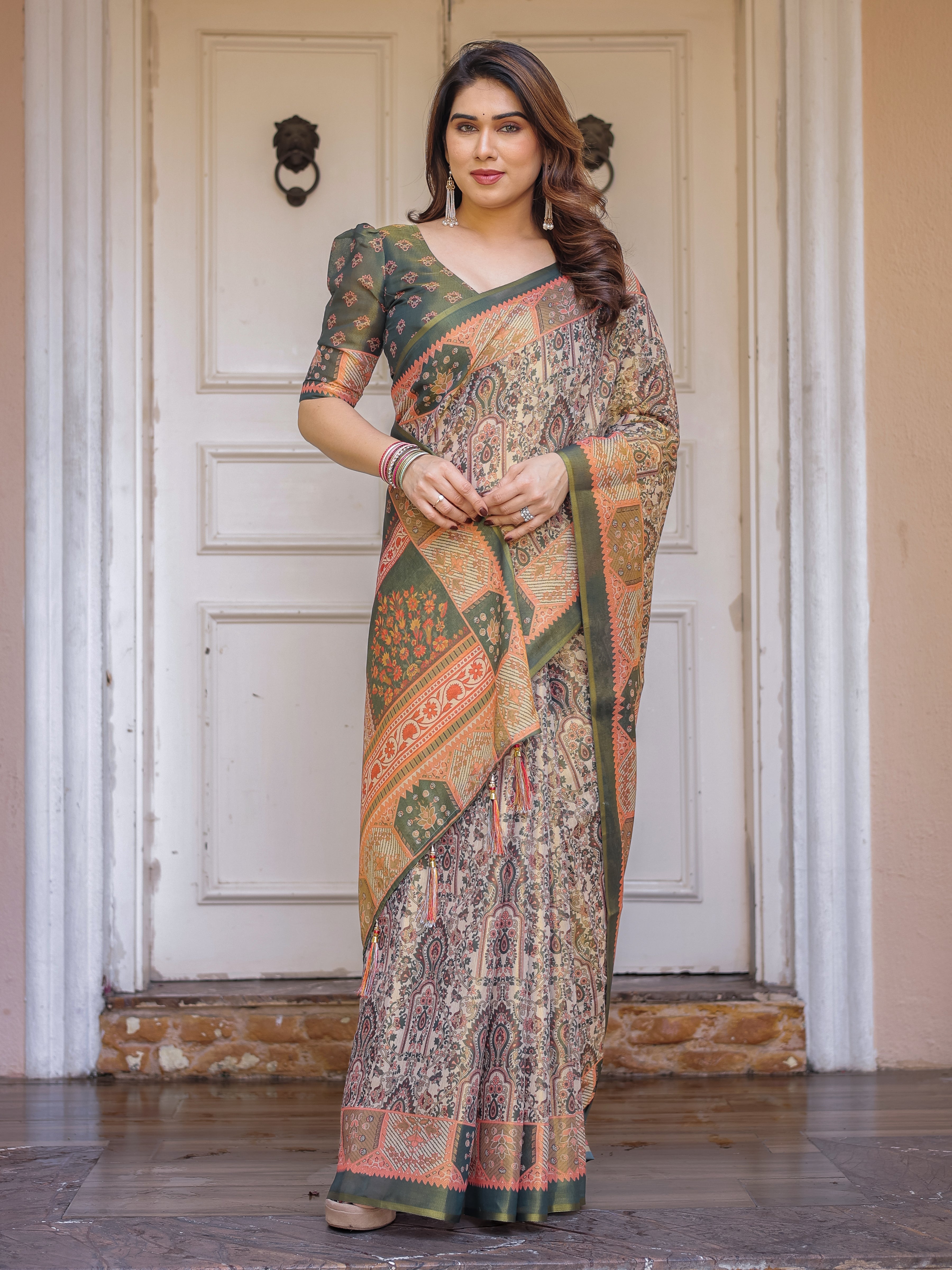 Beige & Olive Green Paisley Panel Printed Handloom Cotton Saree with Heritage Border & Tassels – Traditional Festive Wear