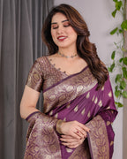 Royal Violet Pure Kanjivaram Silk Saree with Golden Zari Buttas & Rich Floral Border | 5.5m Saree + 0.8m Blouse Piece