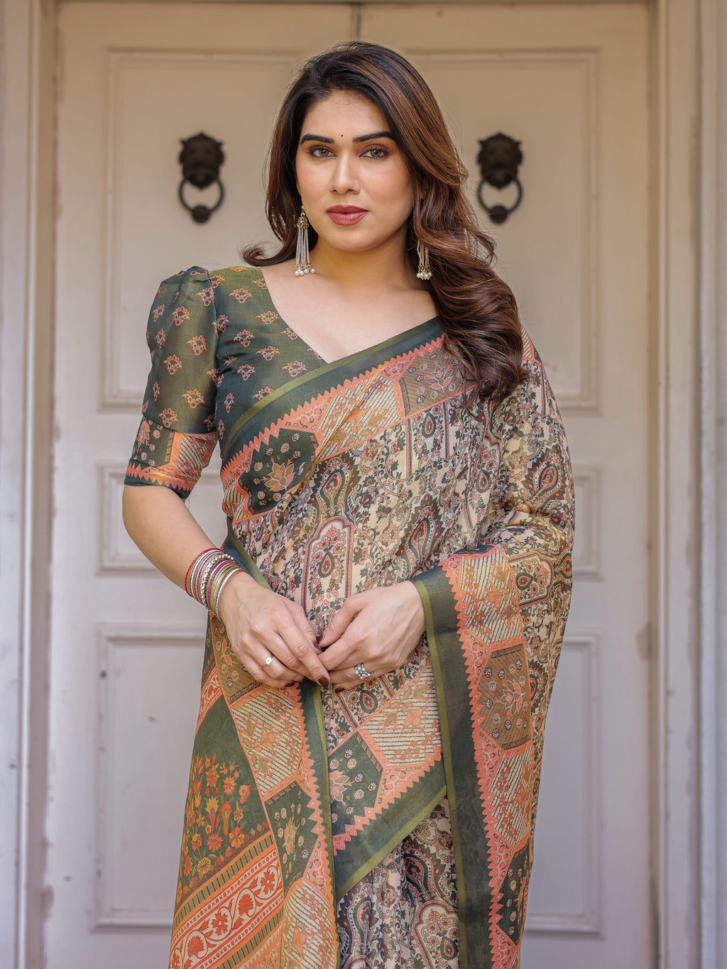 Beige & Olive Green Paisley Panel Printed Handloom Cotton Saree with Heritage Border & Tassels – Traditional Festive Wear