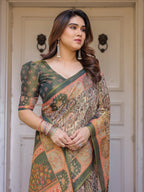 Beige & Olive Green Paisley Panel Printed Handloom Cotton Saree with Heritage Border & Tassels – Traditional Festive Wear