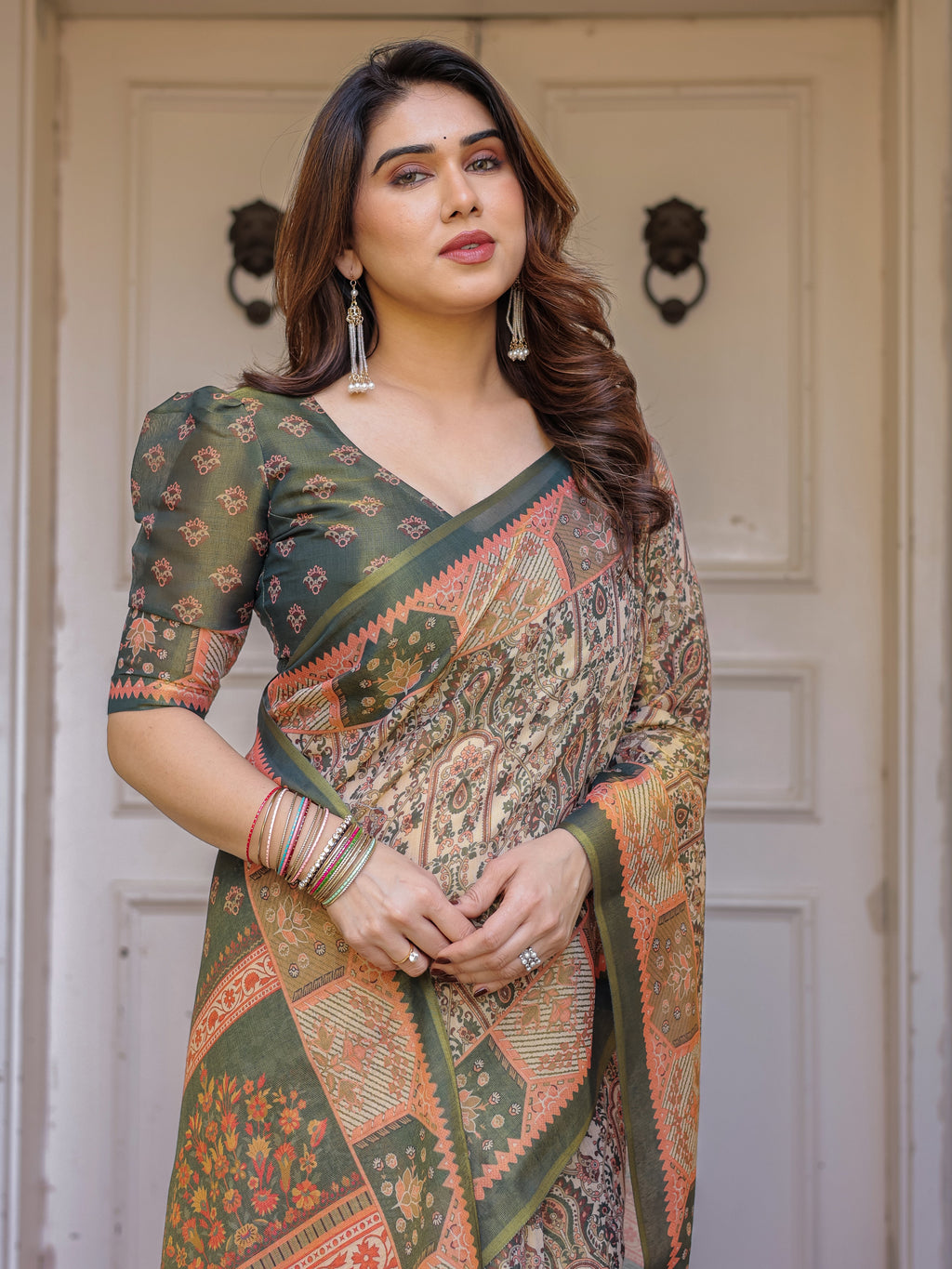 Beige & Olive Green Paisley Panel Printed Handloom Cotton Saree with Heritage Border & Tassels – Traditional Festive Wear