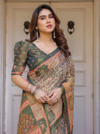Beige & Olive Green Paisley Panel Printed Handloom Cotton Saree with Heritage Border & Tassels – Traditional Festive Wear