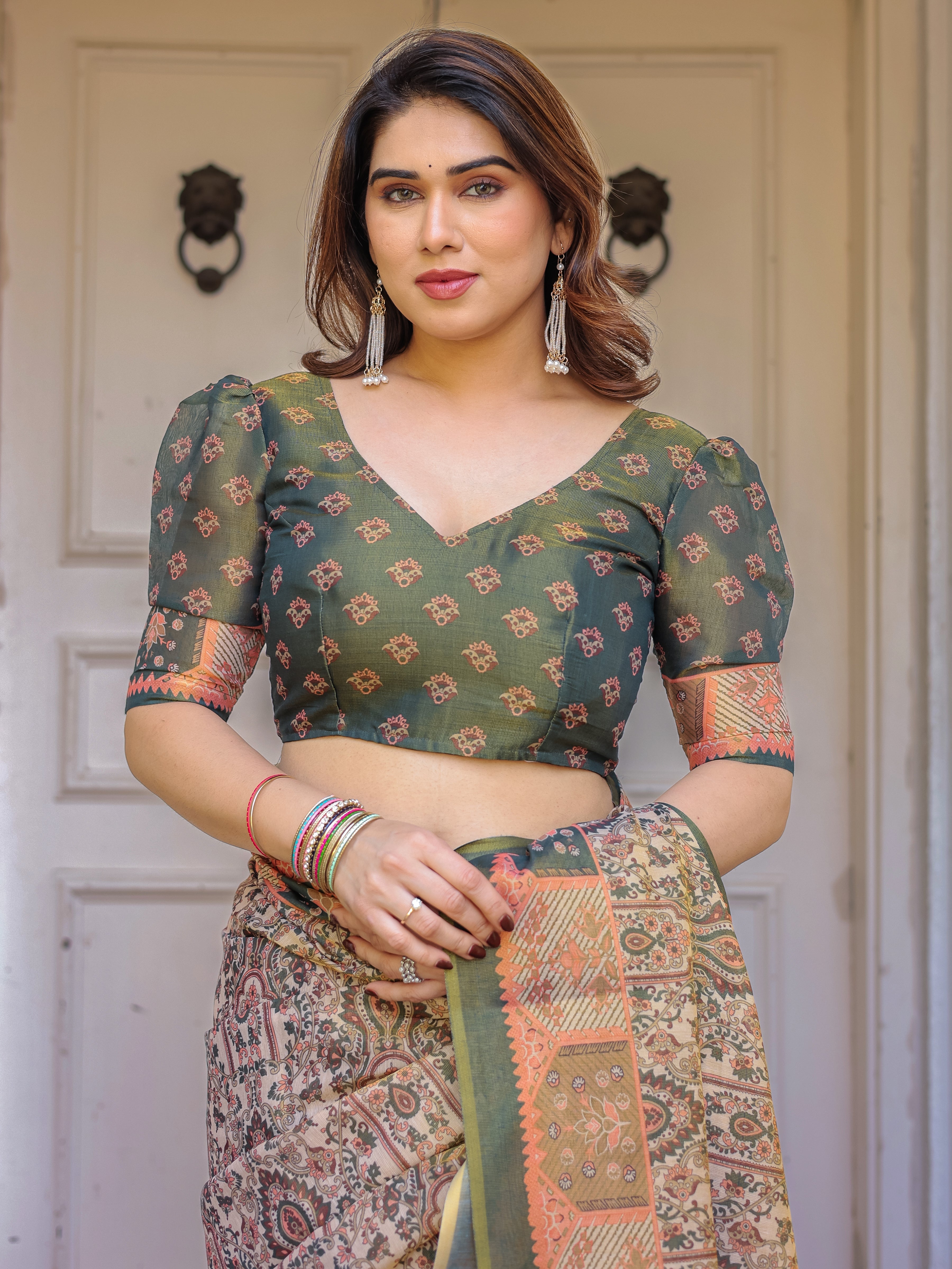 Beige & Olive Green Paisley Panel Printed Handloom Cotton Saree with Heritage Border & Tassels – Traditional Festive Wear