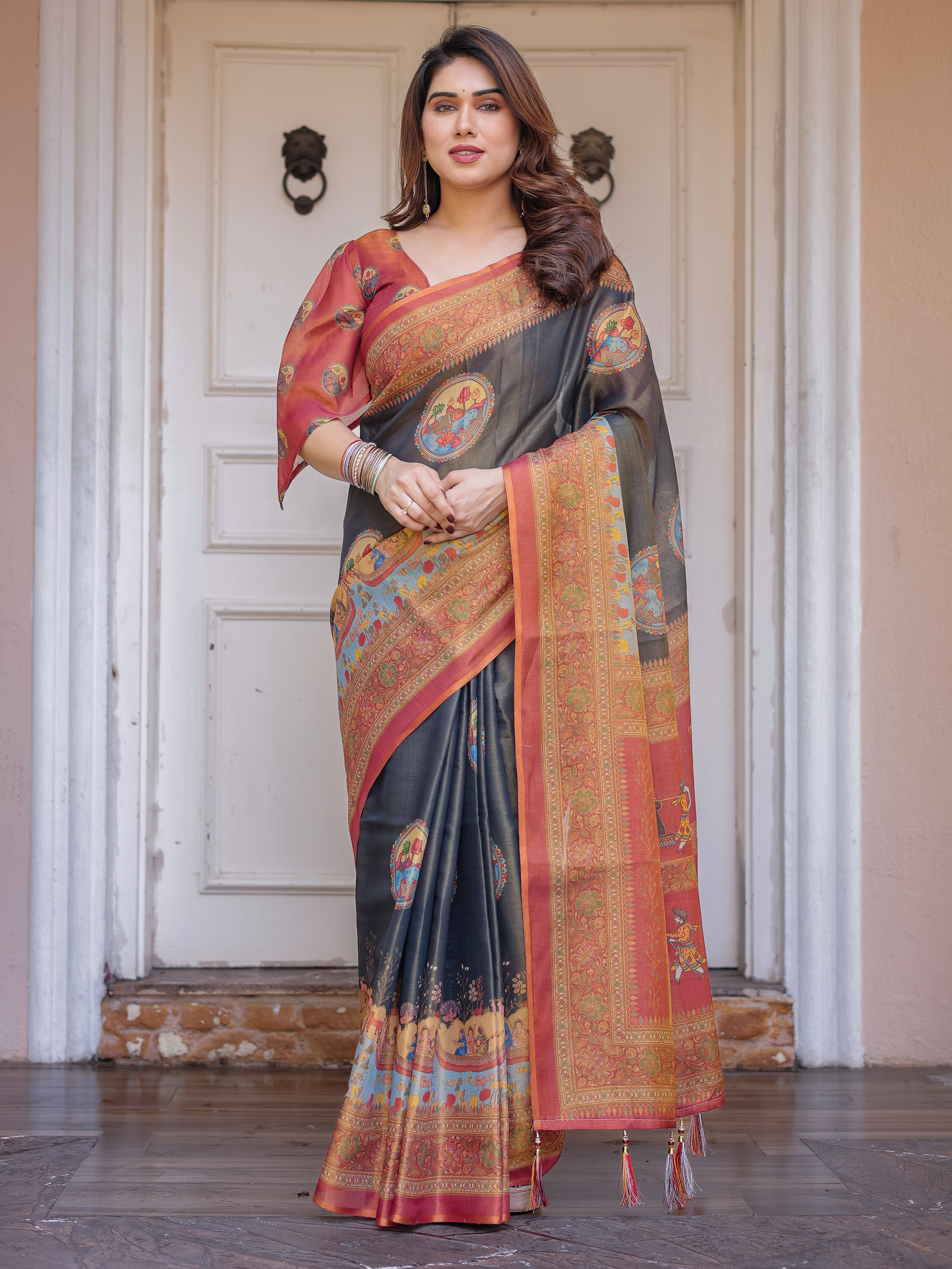Rust Red & Charcoal Grey Traditional Folk Art Printed Handloom Cotton Saree with Heritage Border & Tassels – Cultural Festive Wear