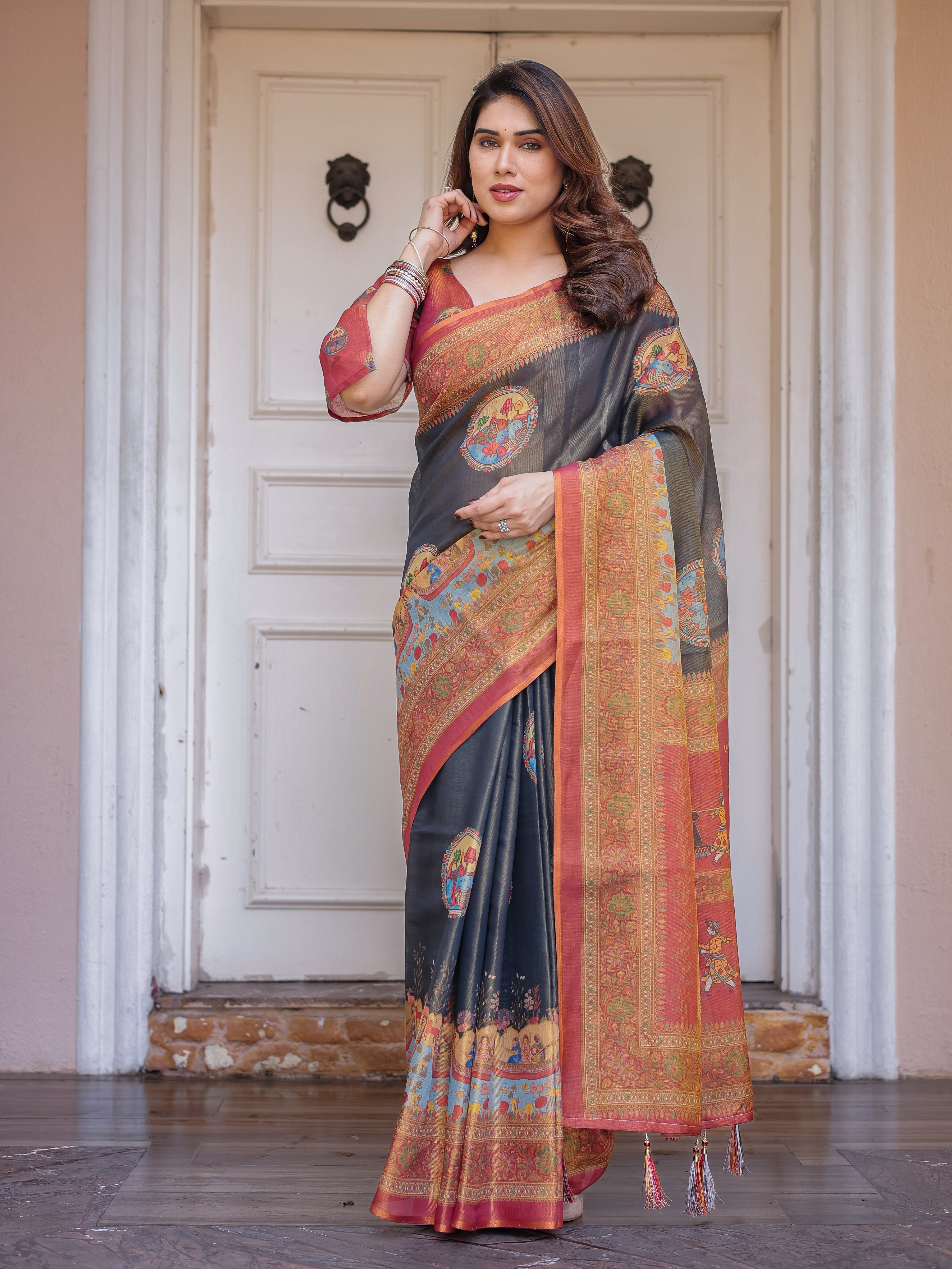Rust Red & Charcoal Grey Traditional Folk Art Printed Handloom Cotton Saree with Heritage Border & Tassels – Cultural Festive Wear