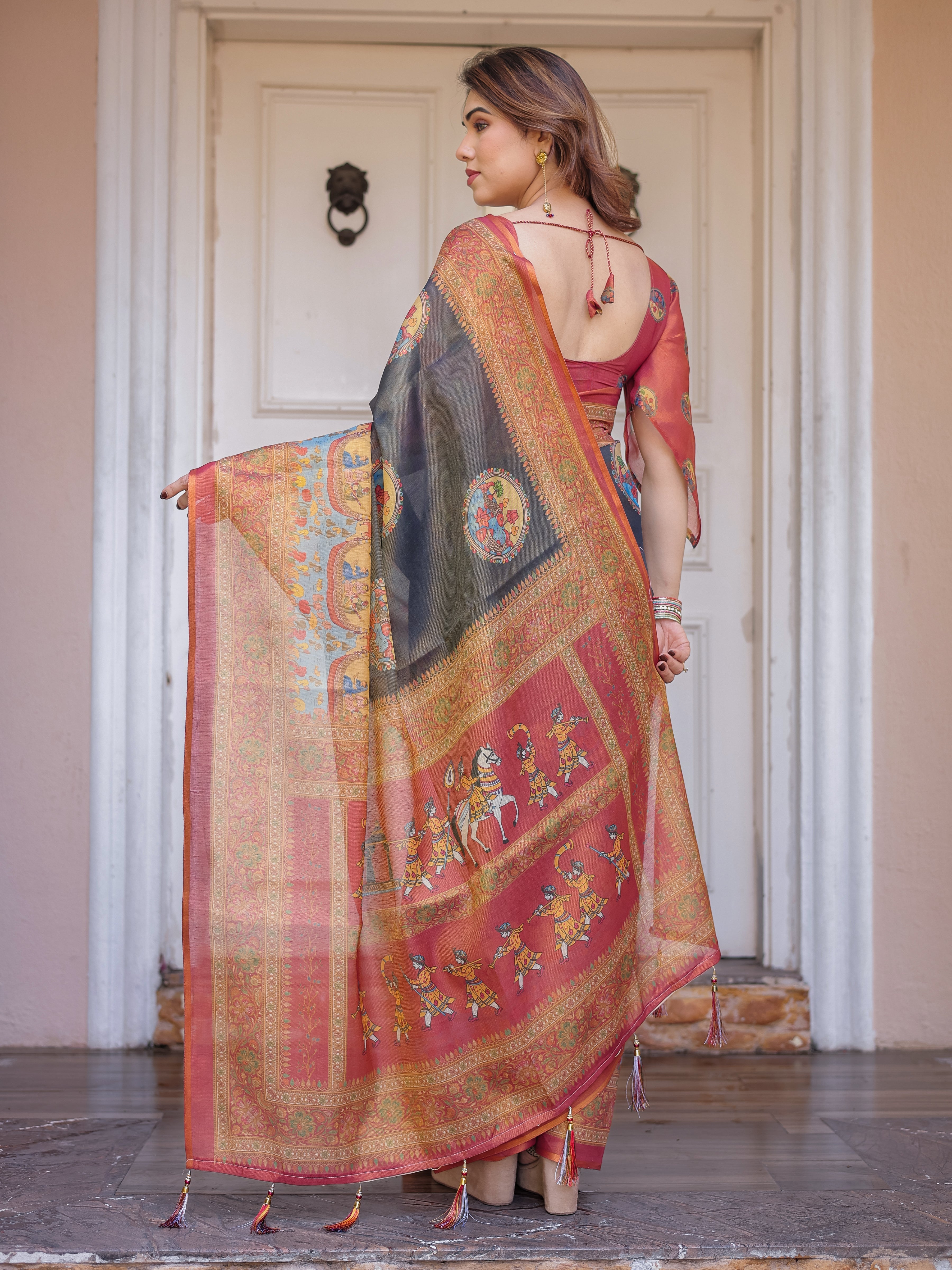 Rust Red & Charcoal Grey Traditional Folk Art Printed Handloom Cotton Saree with Heritage Border & Tassels – Cultural Festive Wear