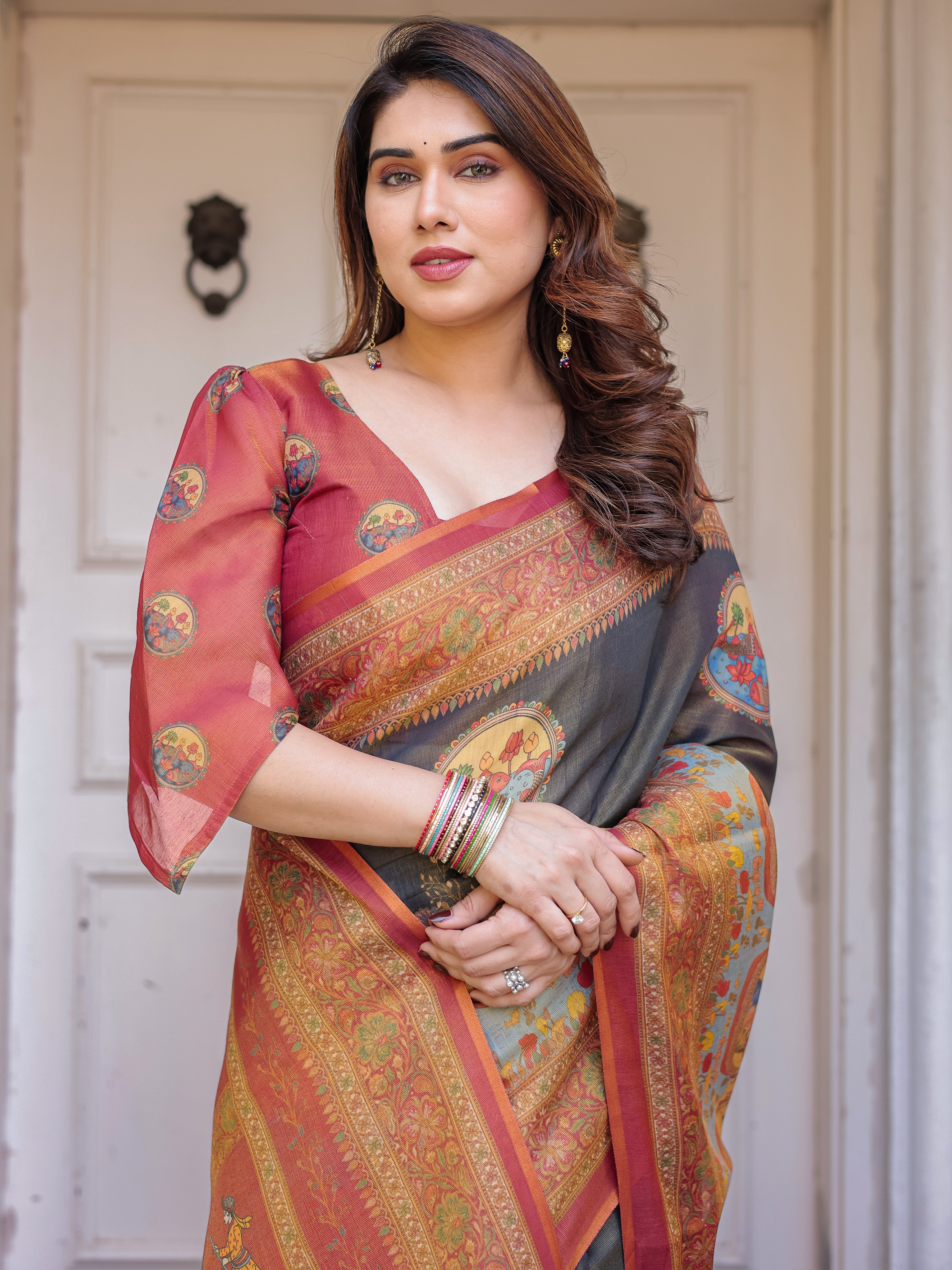 Rust Red & Charcoal Grey Traditional Folk Art Printed Handloom Cotton Saree with Heritage Border & Tassels – Cultural Festive Wear