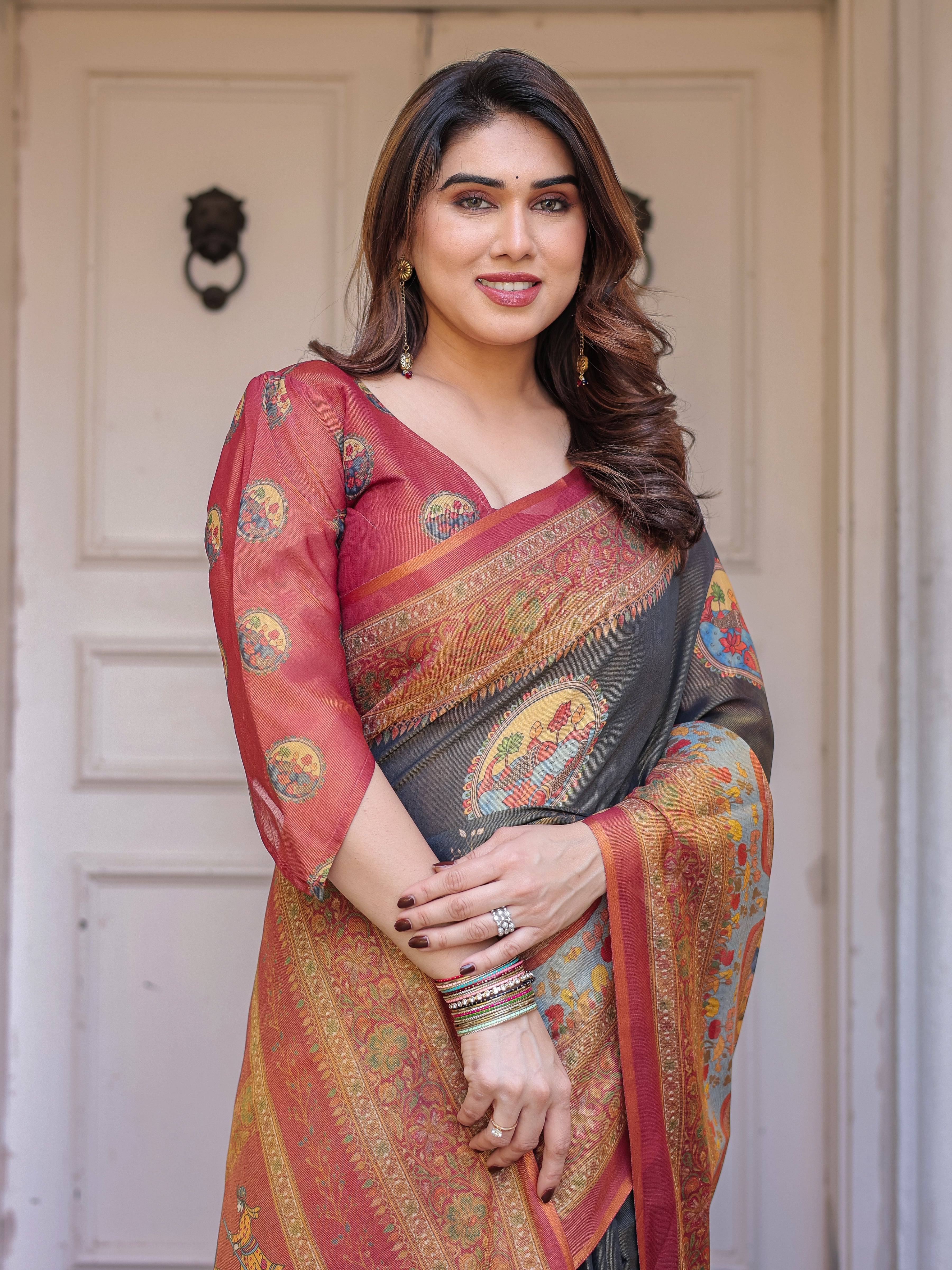 Rust Red & Charcoal Grey Traditional Folk Art Printed Handloom Cotton Saree with Heritage Border & Tassels – Cultural Festive Wear