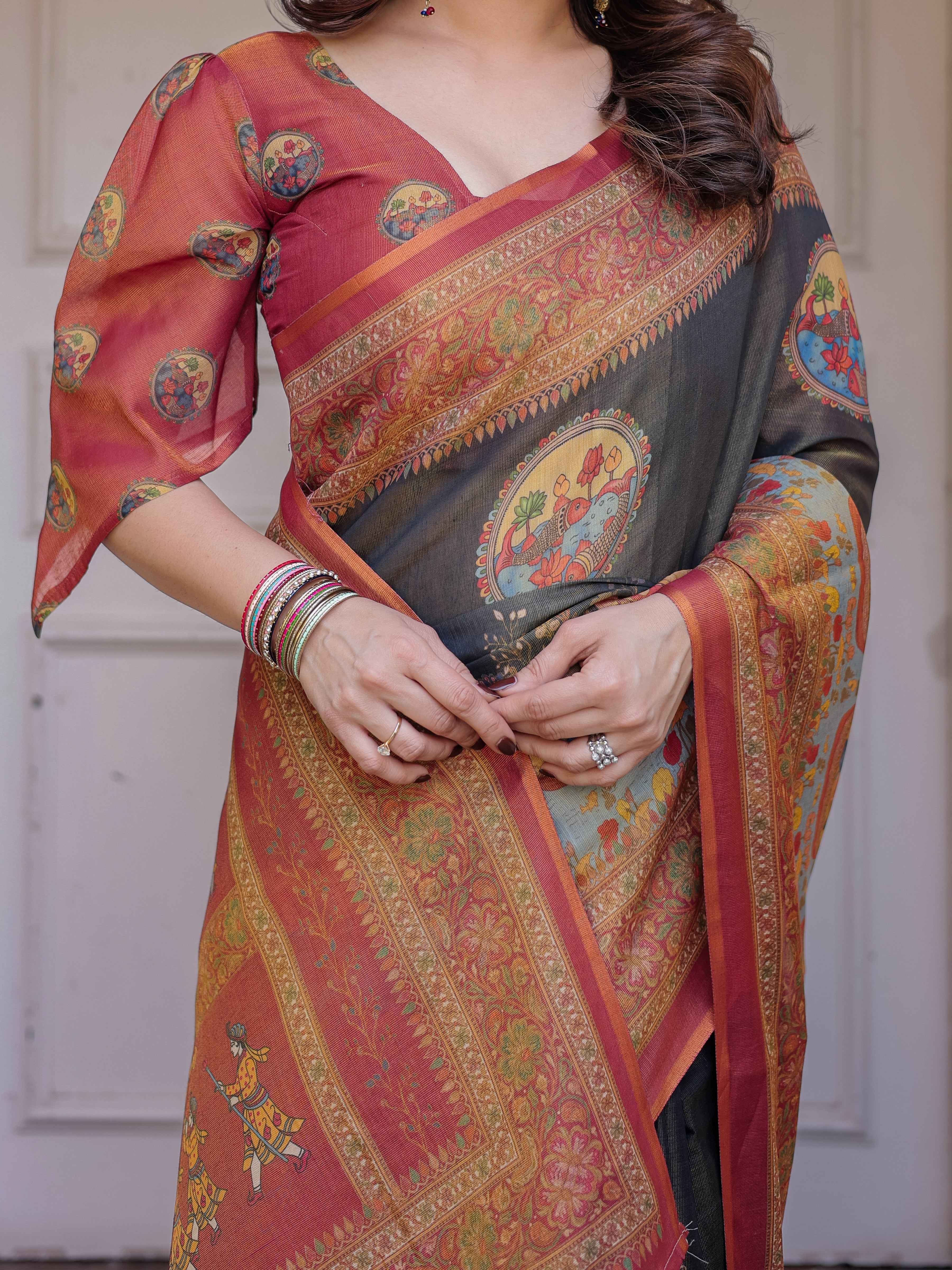 Rust Red & Charcoal Grey Traditional Folk Art Printed Handloom Cotton Saree with Heritage Border & Tassels – Cultural Festive Wear