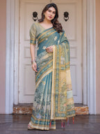 Pastel Sea-Green Scenic Landscape Printed Handloom Cotton Saree with Artistic Pallu & Tassels – Elegant Day Wear