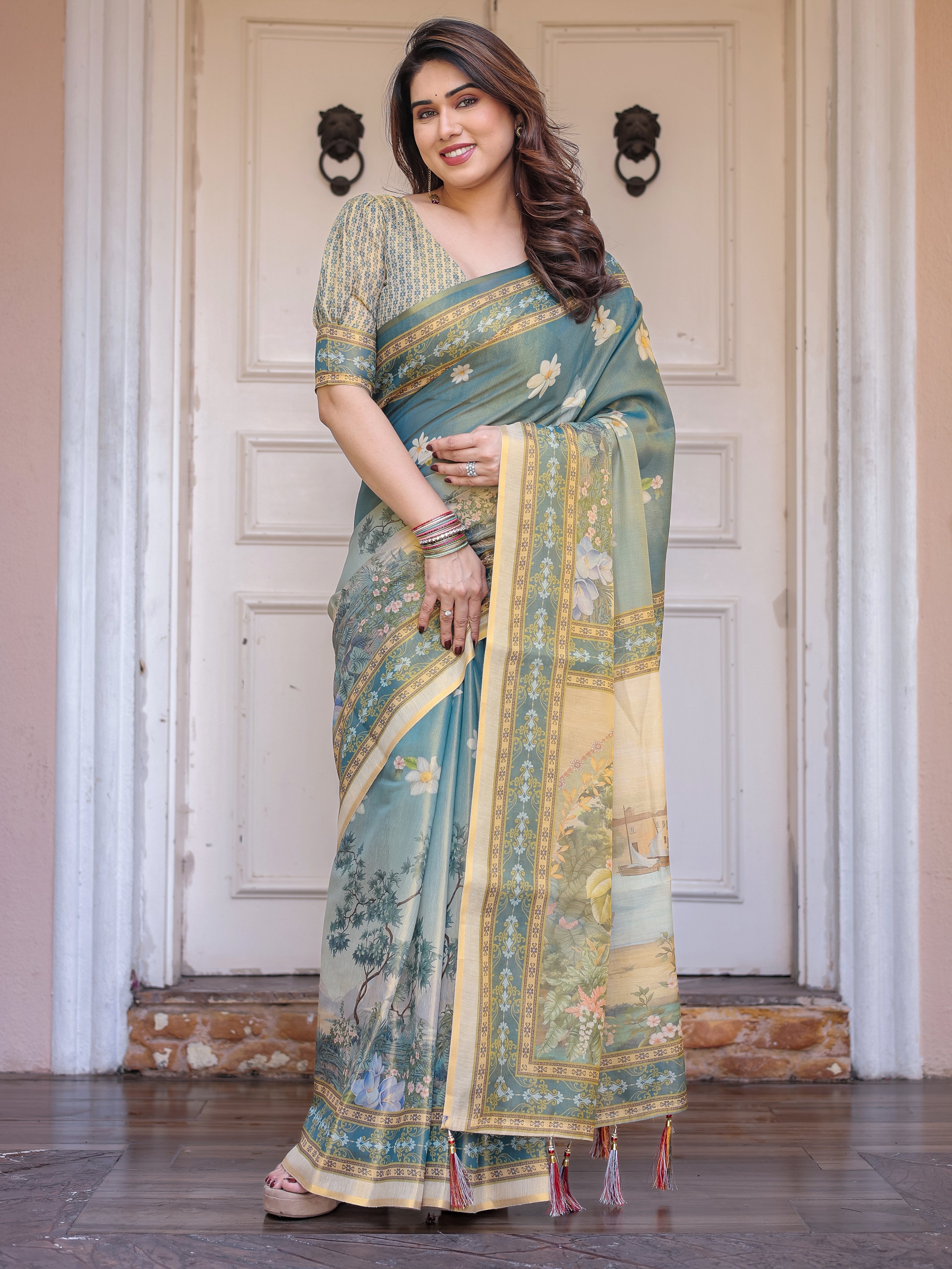 Pastel Sea-Green Scenic Landscape Printed Handloom Cotton Saree with Artistic Pallu & Tassels – Elegant Day Wear