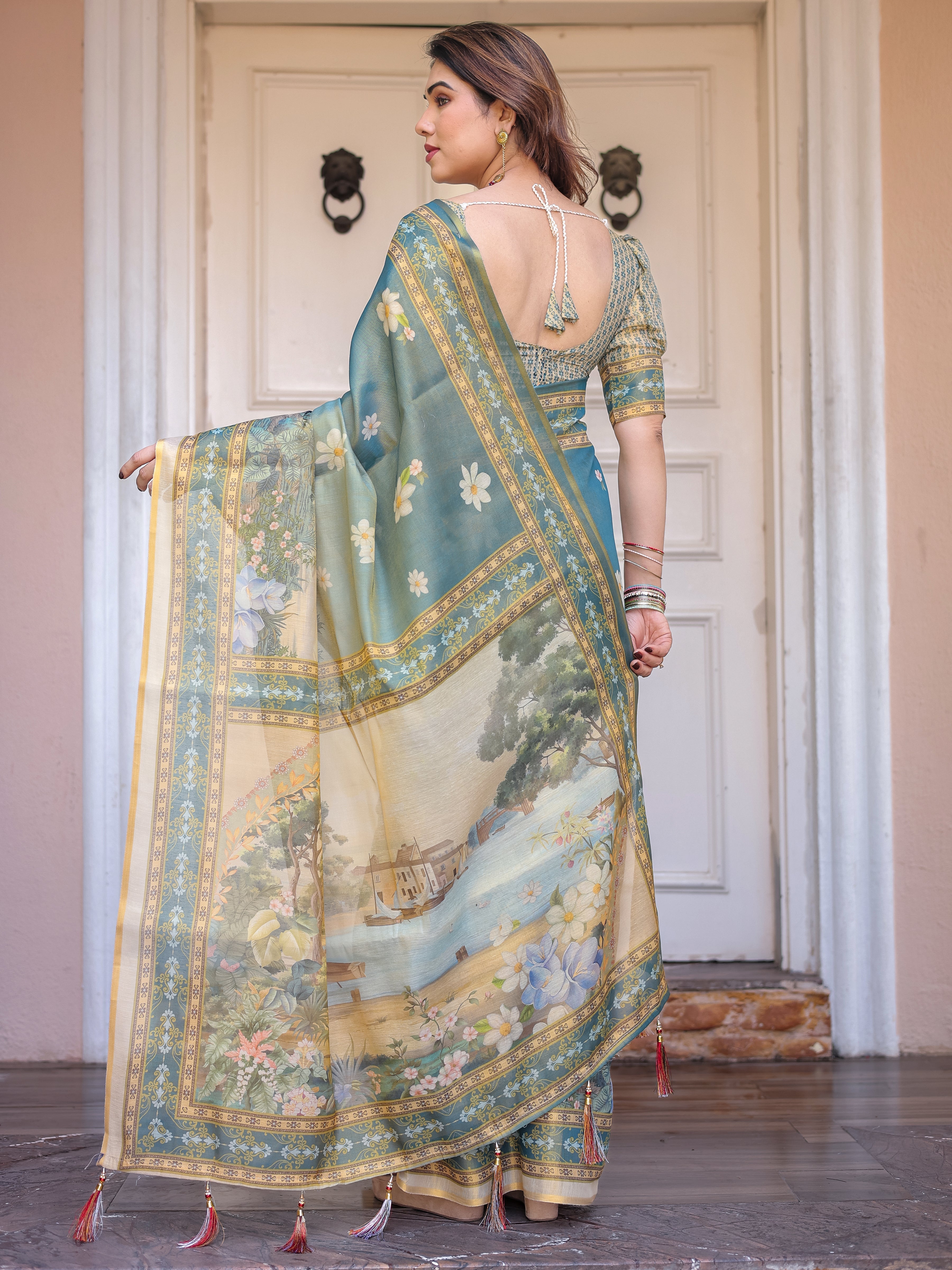 Pastel Sea-Green Scenic Landscape Printed Handloom Cotton Saree with Artistic Pallu & Tassels – Elegant Day Wear