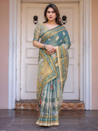 Pastel Sea-Green Scenic Landscape Printed Handloom Cotton Saree with Artistic Pallu & Tassels – Elegant Day Wear