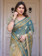 Pastel Sea-Green Scenic Landscape Printed Handloom Cotton Saree with Artistic Pallu & Tassels – Elegant Day Wear