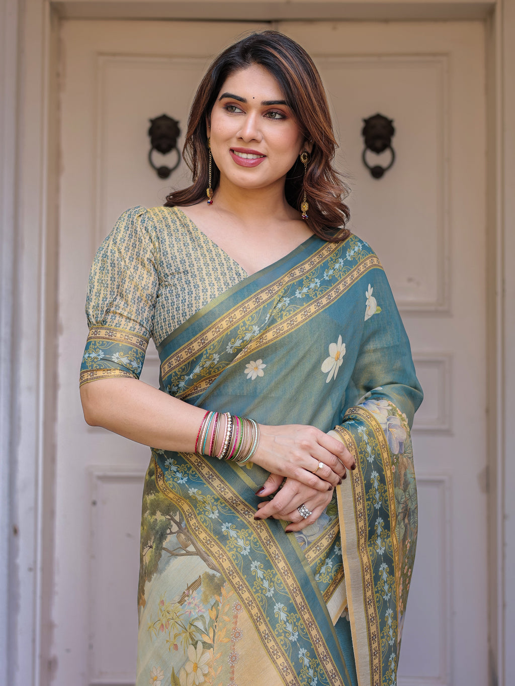 Pastel Sea-Green Scenic Landscape Printed Handloom Cotton Saree with Artistic Pallu & Tassels – Elegant Day Wear