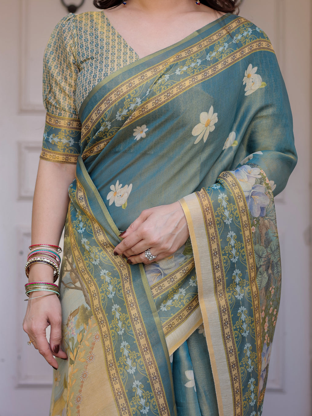 Pastel Sea-Green Scenic Landscape Printed Handloom Cotton Saree with Artistic Pallu & Tassels – Elegant Day Wear