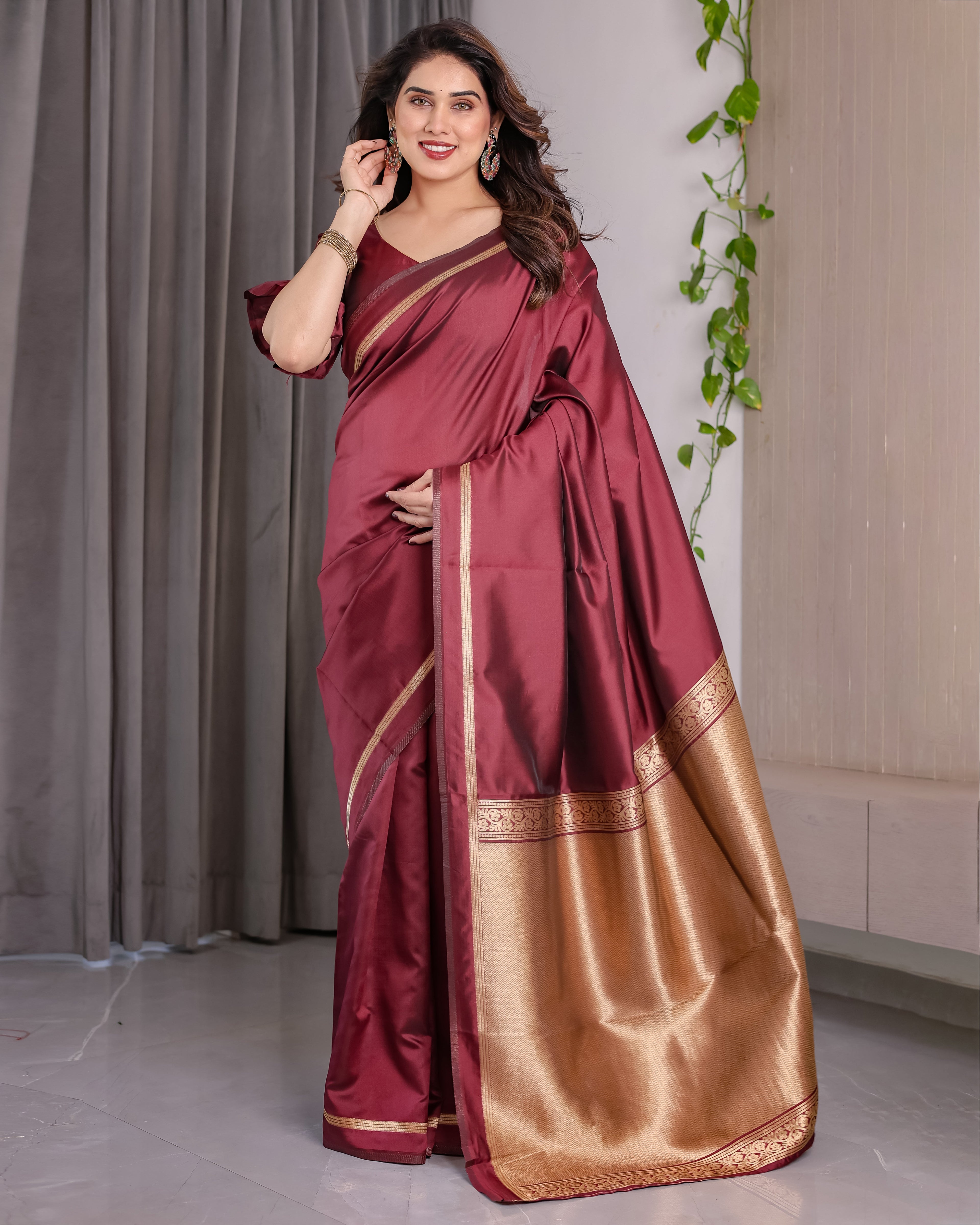 Maroon Soft Kanjivaram Silk Saree with Golden Zari Pallu & Designer Blouse | 5.5m Saree + 0.8m Blouse