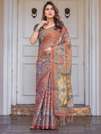 Rust Maroon & Olive Artistic Peacock Printed Handloom Cotton Saree with Heritage Border & Tassels – Festive Ethnic Wear