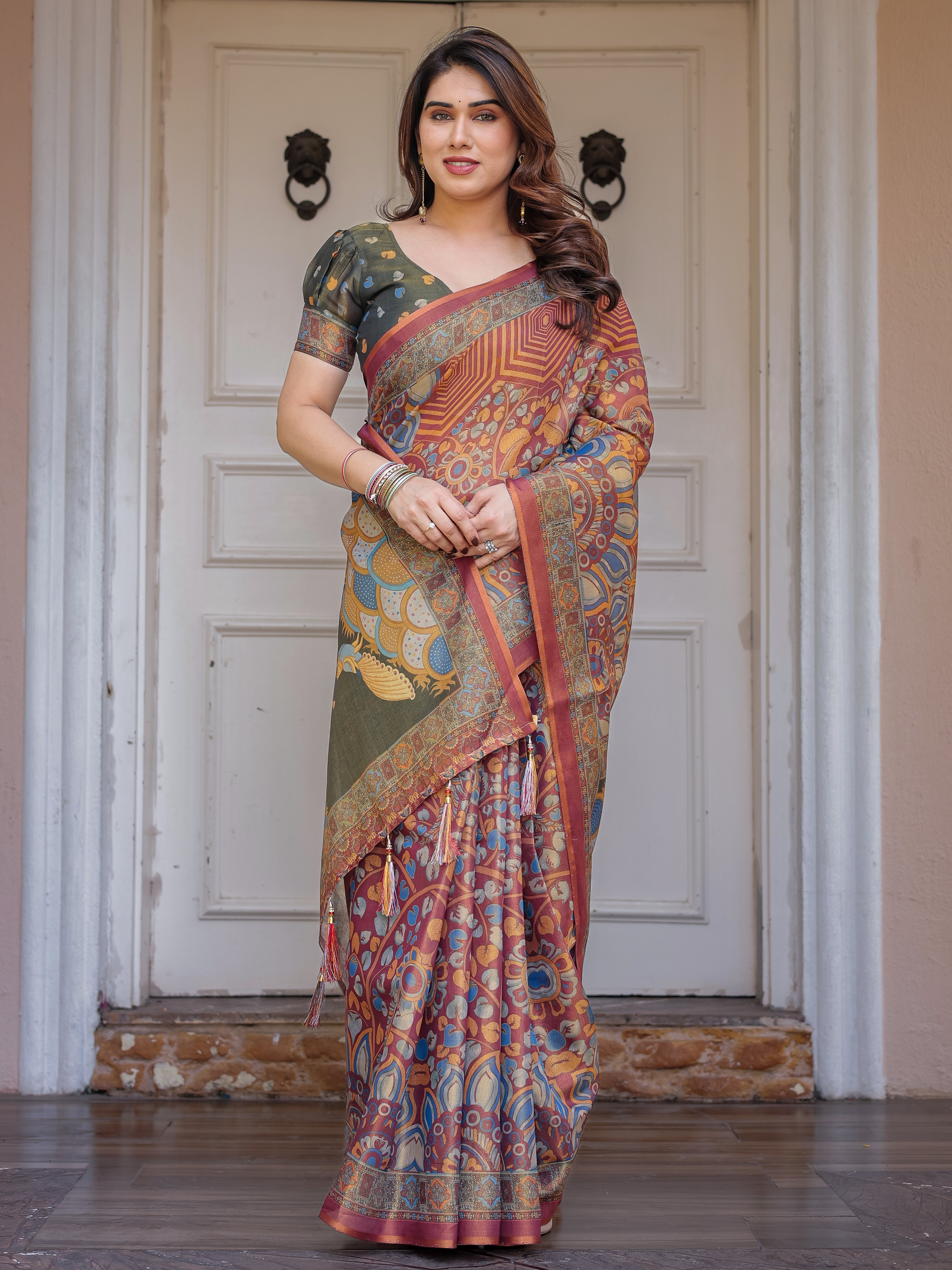 Rust Maroon & Olive Artistic Peacock Printed Handloom Cotton Saree with Heritage Border & Tassels – Festive Ethnic Wear
