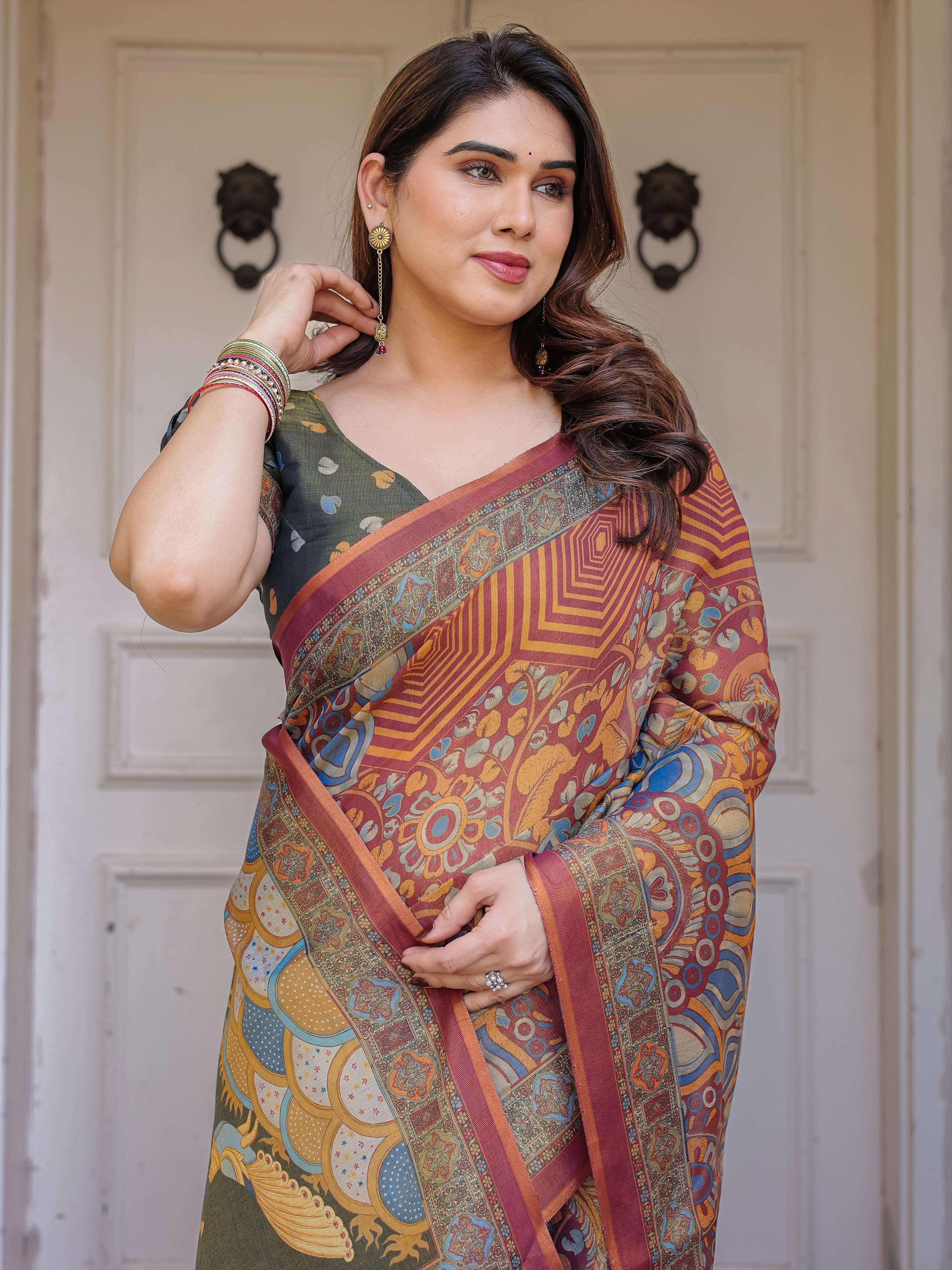 Rust Maroon & Olive Artistic Peacock Printed Handloom Cotton Saree with Heritage Border & Tassels – Festive Ethnic Wear