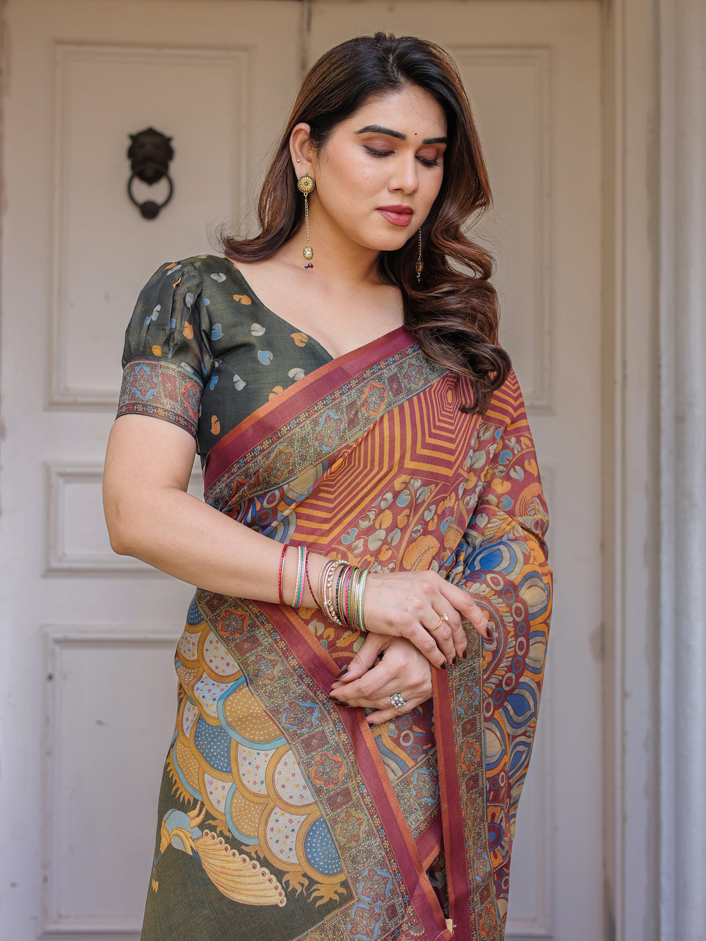 Rust Maroon & Olive Artistic Peacock Printed Handloom Cotton Saree with Heritage Border & Tassels – Festive Ethnic Wear