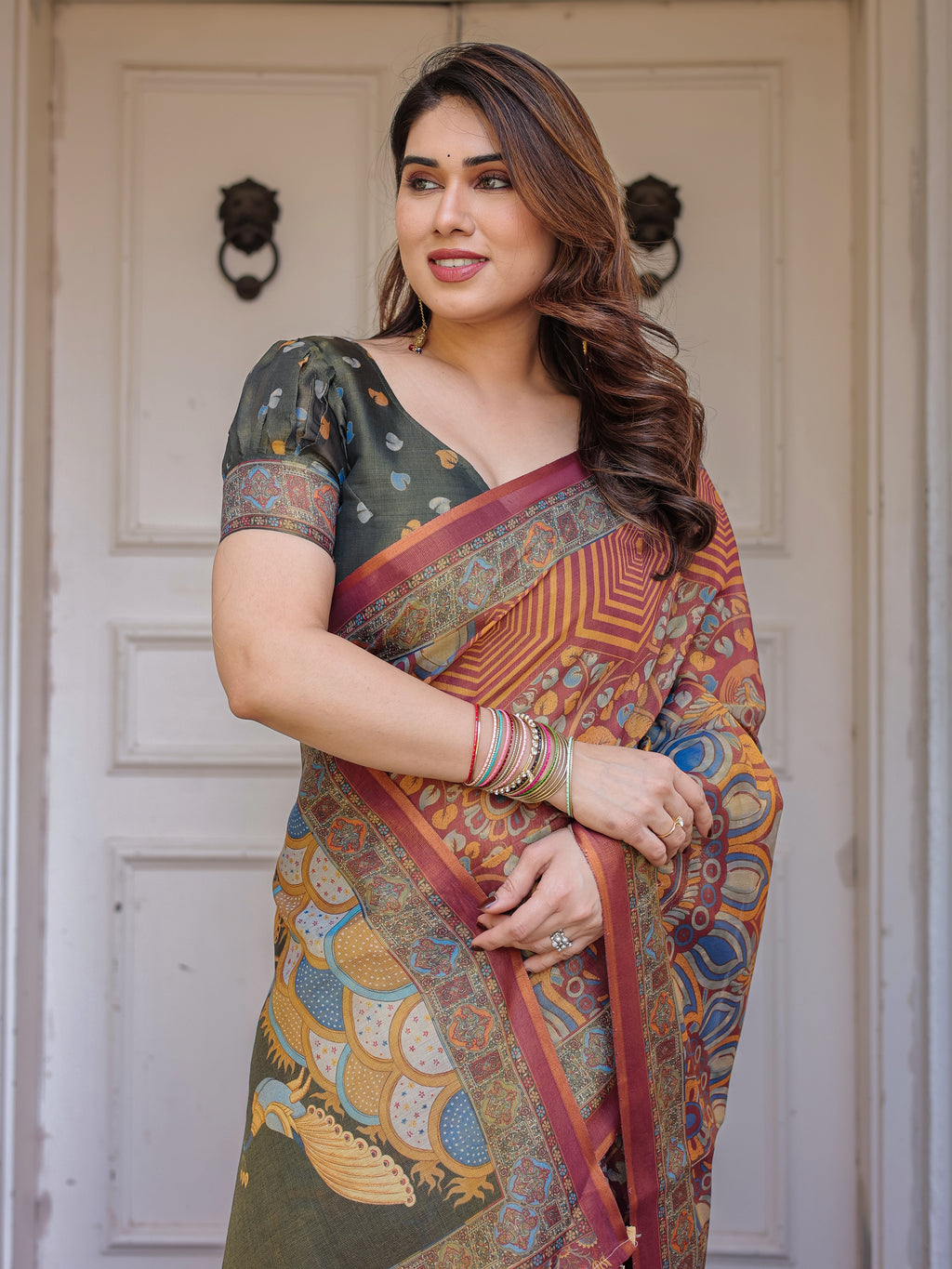 Rust Maroon & Olive Artistic Peacock Printed Handloom Cotton Saree with Heritage Border & Tassels – Festive Ethnic Wear