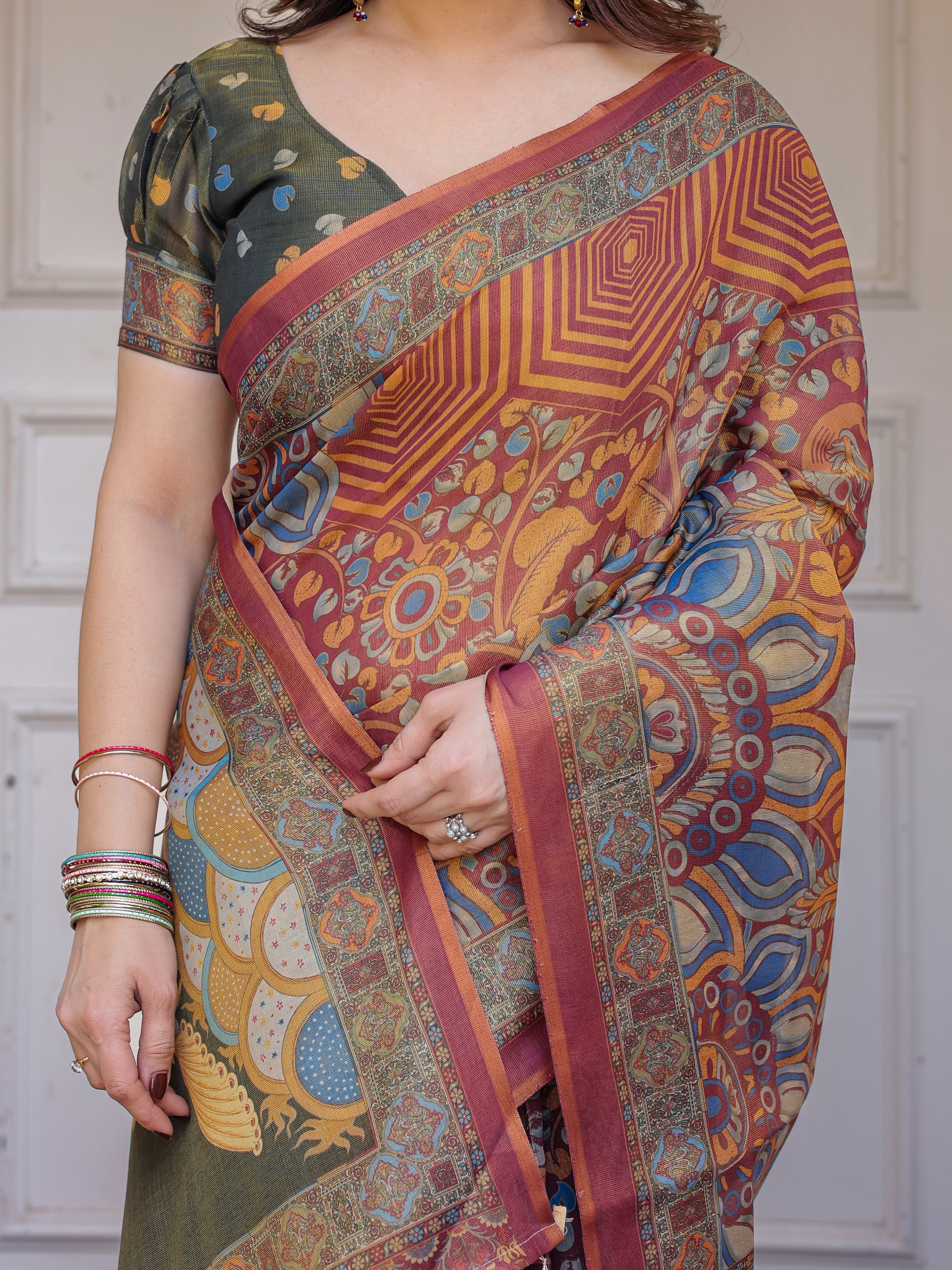 Rust Maroon & Olive Artistic Peacock Printed Handloom Cotton Saree with Heritage Border & Tassels – Festive Ethnic Wear
