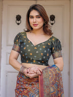Rust Maroon & Olive Artistic Peacock Printed Handloom Cotton Saree with Heritage Border & Tassels – Festive Ethnic Wear