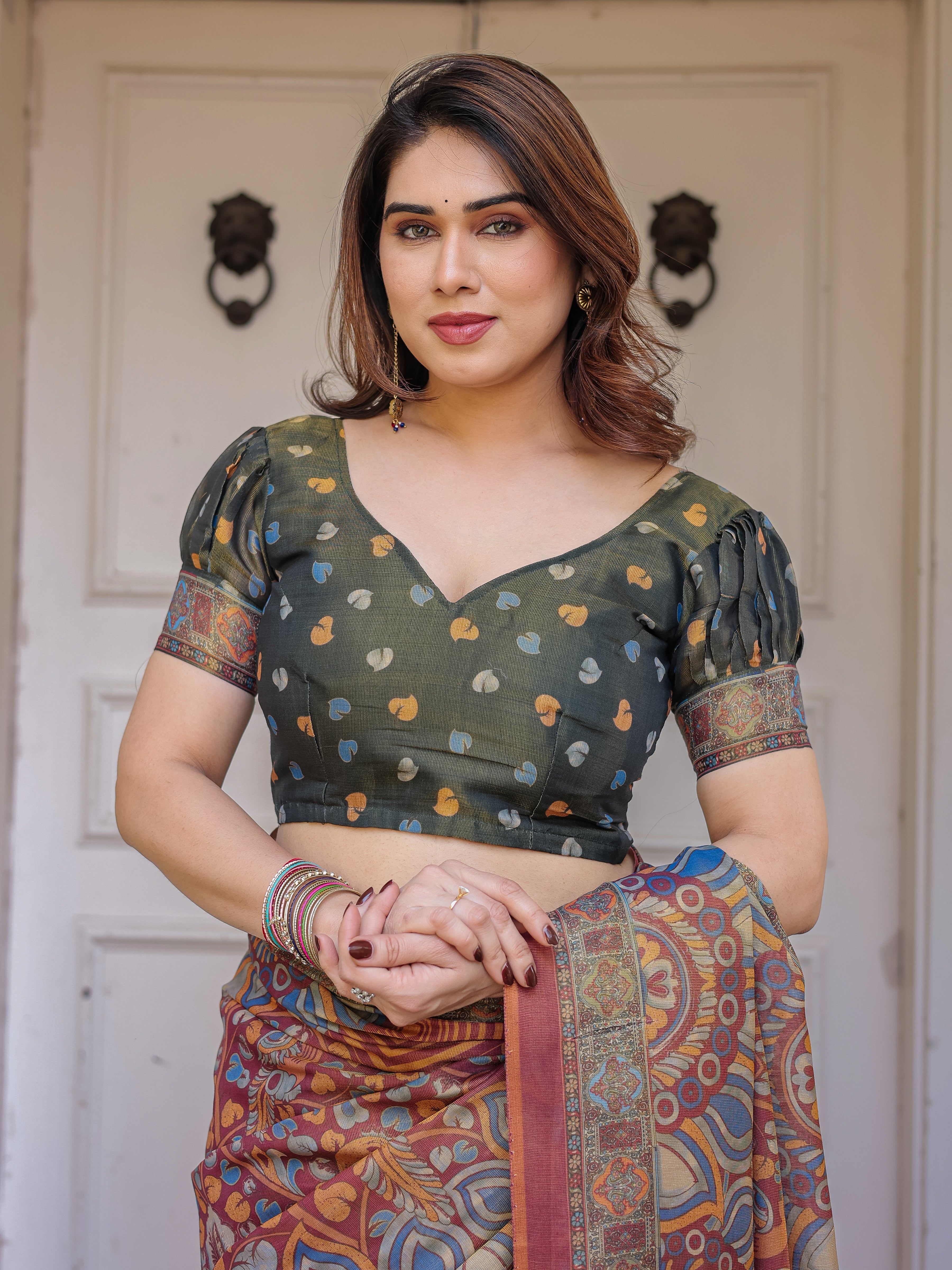 Rust Maroon & Olive Artistic Peacock Printed Handloom Cotton Saree with Heritage Border & Tassels – Festive Ethnic Wear