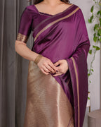Royal Purple Soft Kanjivaram Silk Saree with Antique Gold Zari Pallu & Blouse | 5.5m Saree + 0.8m Blouse Piece