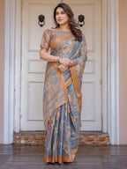 Steel Grey & Rust Gold Floral Handloom Cotton-Linen Saree with Zari Border & Tassels – Elegant Traditional Wear