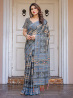 Charcoal Grey & Indigo Blue Ethnic Handloom Cotton-Linen Saree with Woven Border & Tassels – Traditional Elegant Wear